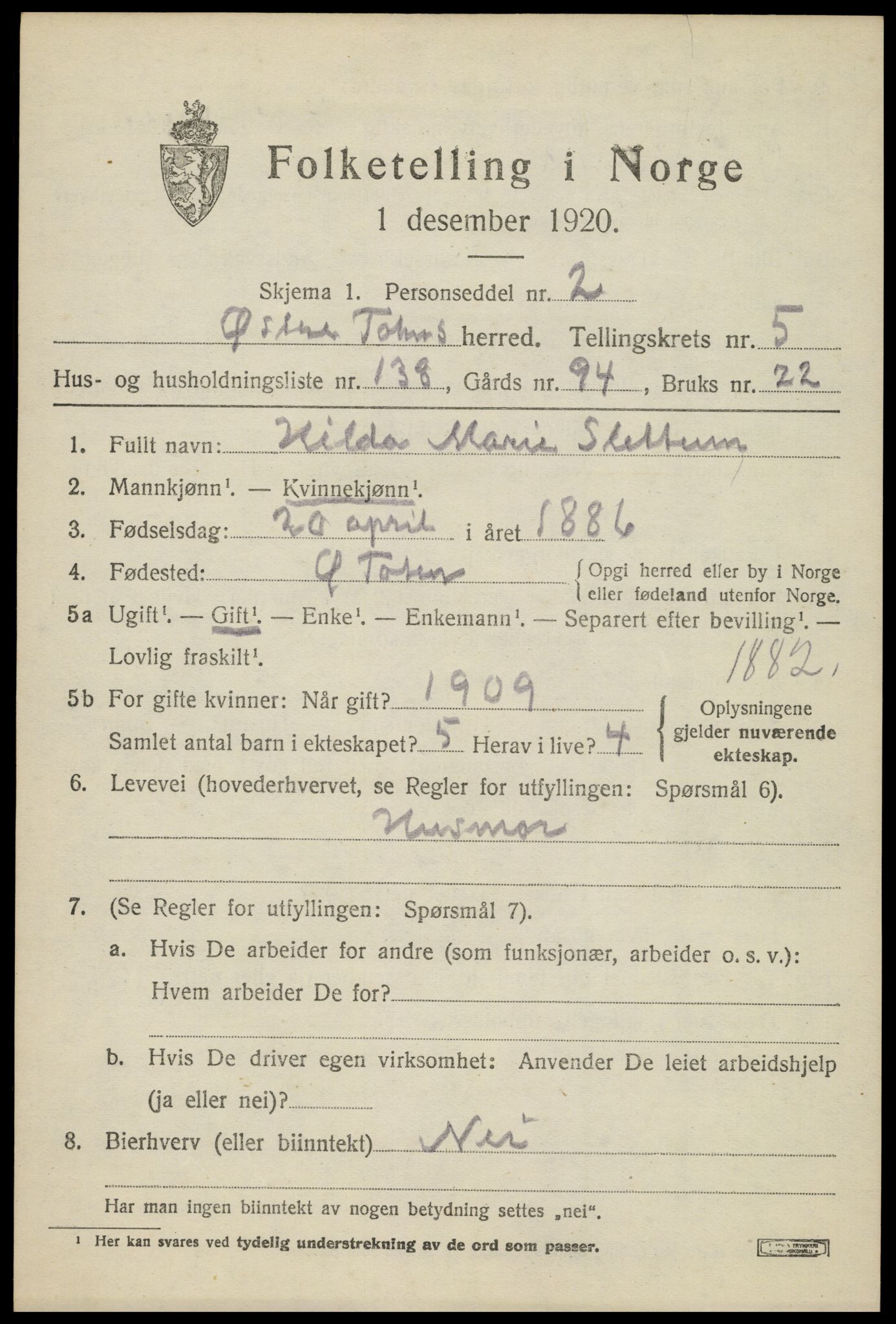 SAH, 1920 census for Østre Toten, 1920, p. 12362