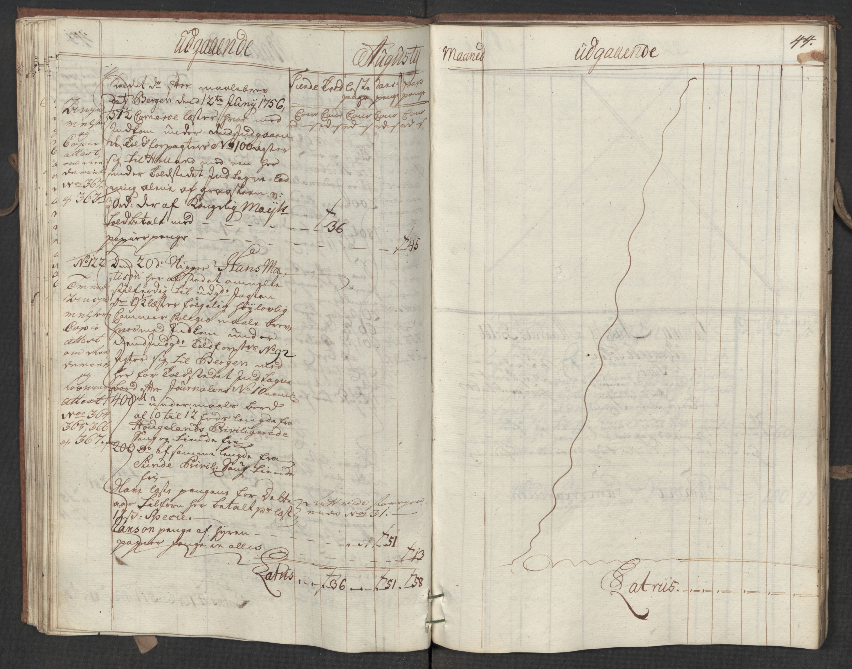 Generaltollkammeret, tollregnskaper, AV/RA-EA-5490/R19/L0015/0005: Tollregnskaper Flekkefjord / Utgående hovedtollbok, 1756, p. 43b-44a