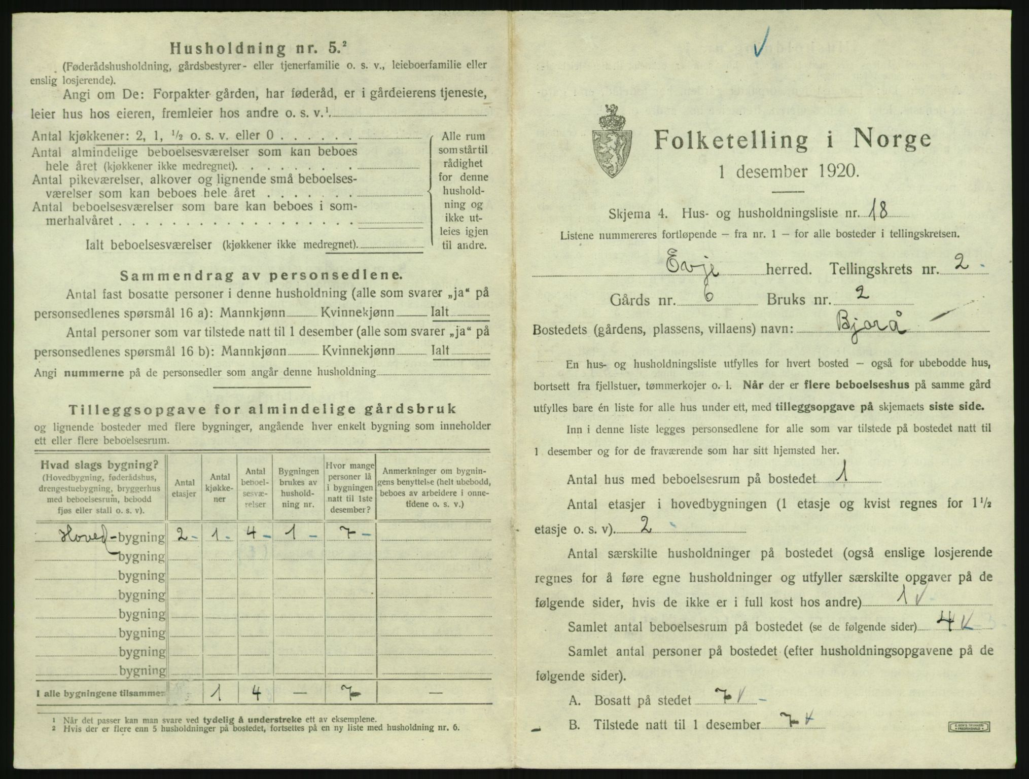 SAK, 1920 census for Evje, 1920, p. 98