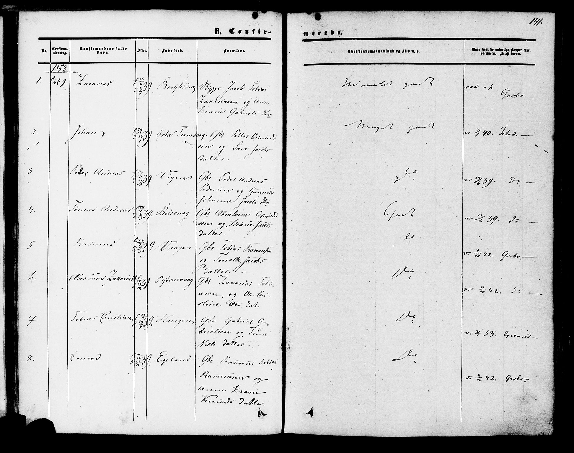 Herad sokneprestkontor, SAK/1111-0018/F/Fa/Fab/L0004: Parish register (official) no. A 4, 1853-1885, p. 141