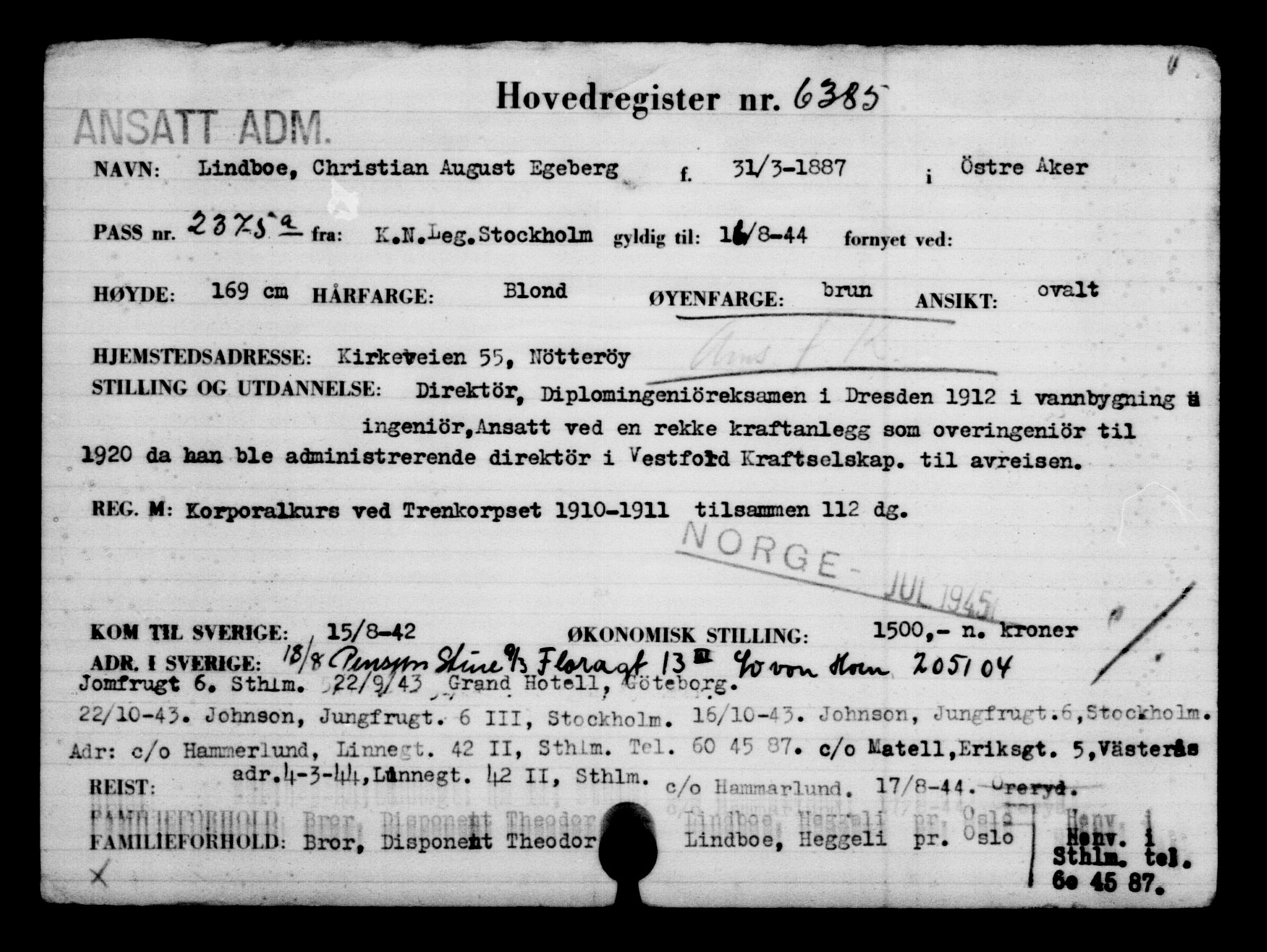 Utenriksstasjonene, Legasjonen i Stockholm, Flyktningkontoret, AV/RA-S-6753/V/Va/L0004: Kjesäterkartoteket, flyktninger med registreringsnr. 3496-6610, 1940-1945, p. 3416