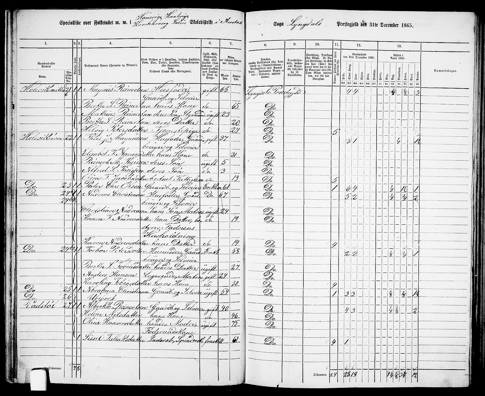 RA, 1865 census for Lyngdal, 1865, p. 33