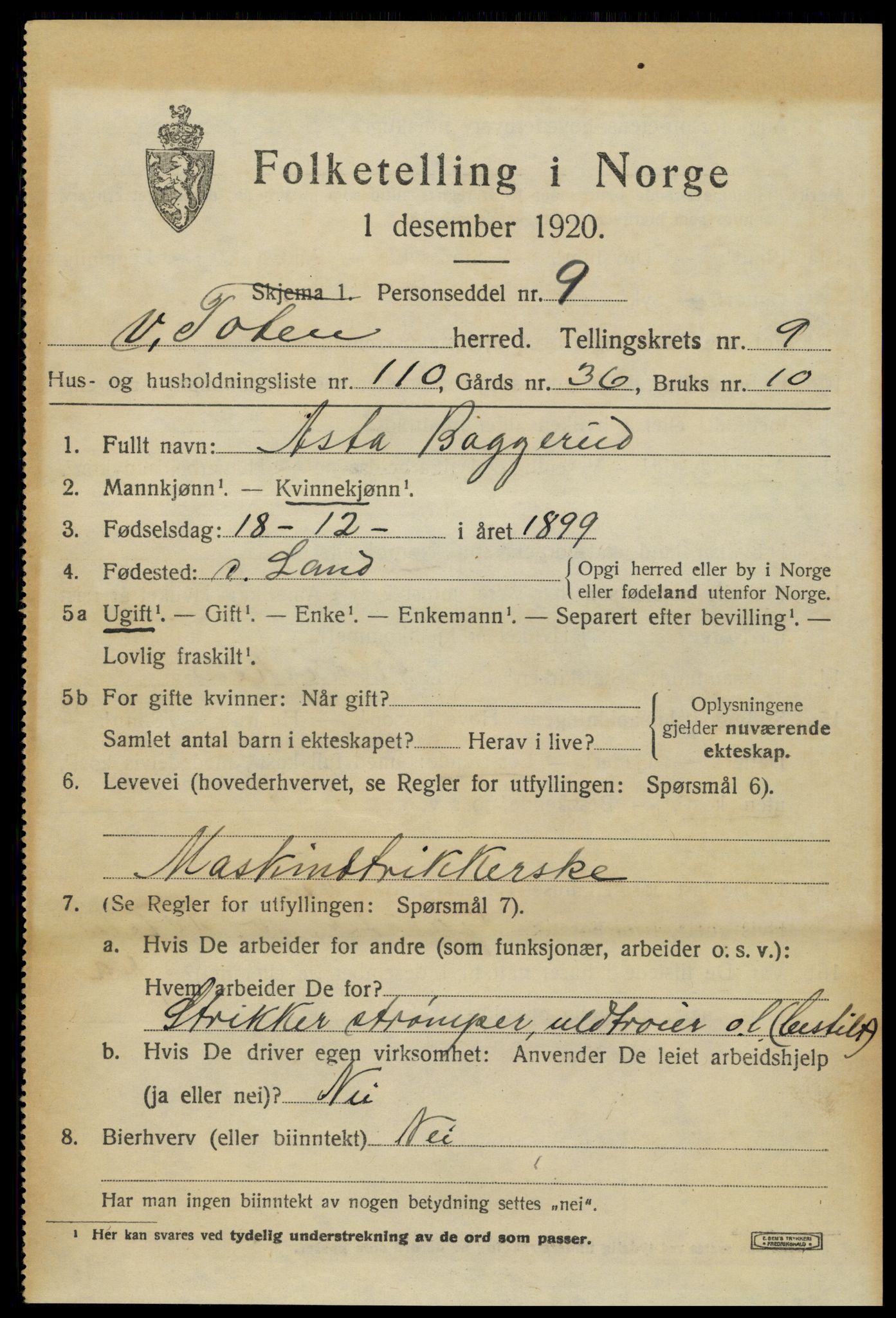 SAH, 1920 census for Vestre Toten, 1920, p. 12992