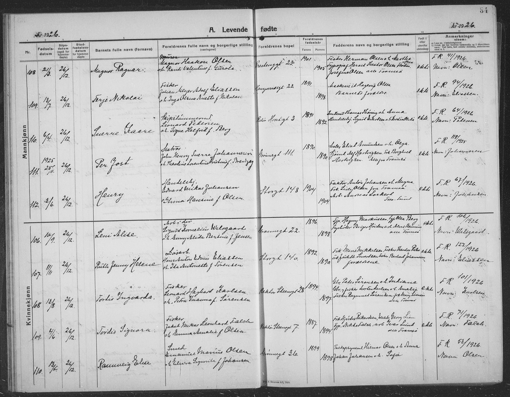 Tromsø sokneprestkontor/stiftsprosti/domprosti, AV/SATØ-S-1343/G/Gb/L0010klokker: Parish register (copy) no. 10, 1925-1937, p. 34