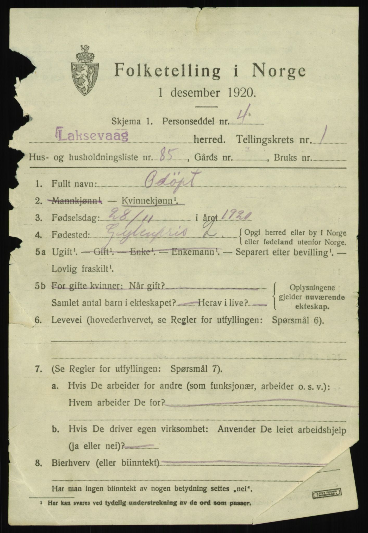 SAB, 1920 census for Laksevåg, 1920, p. 5736