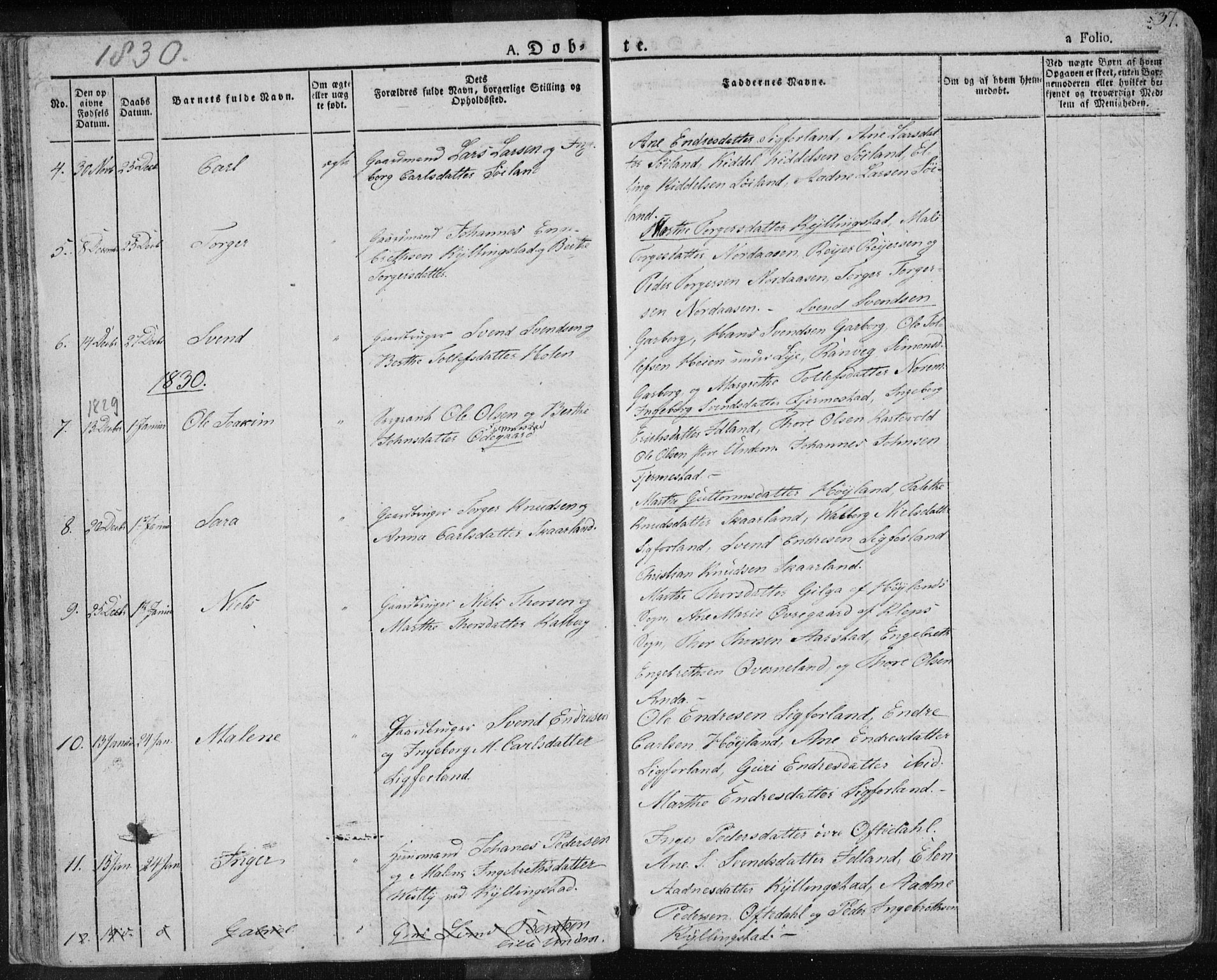 Lye sokneprestkontor, SAST/A-101794/001/30BA/L0004: Parish register (official) no. A 4, 1826-1841, p. 37