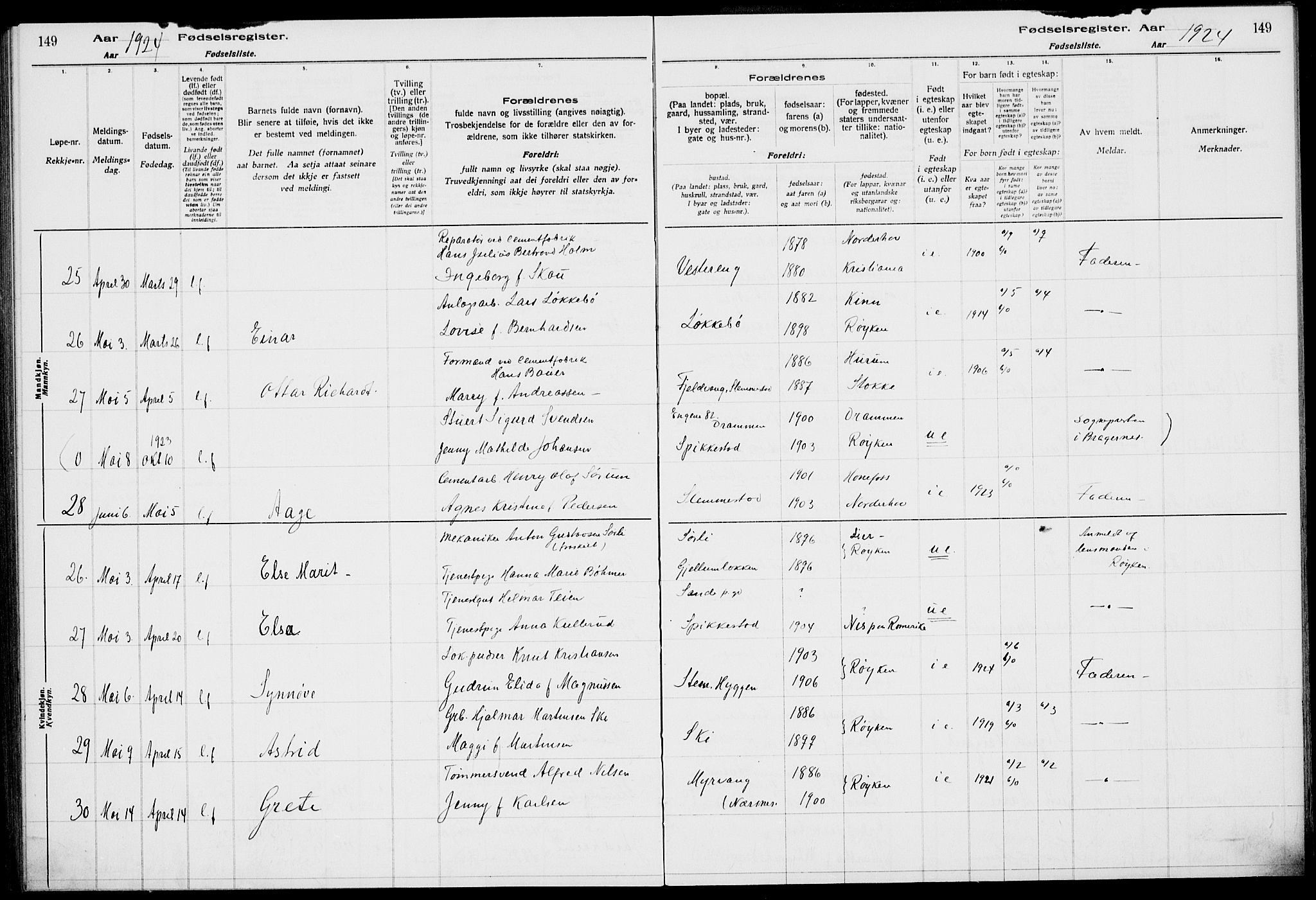 Røyken kirkebøker, AV/SAKO-A-241/J/Ja/L0001: Birth register no. 1, 1916-1927, p. 149