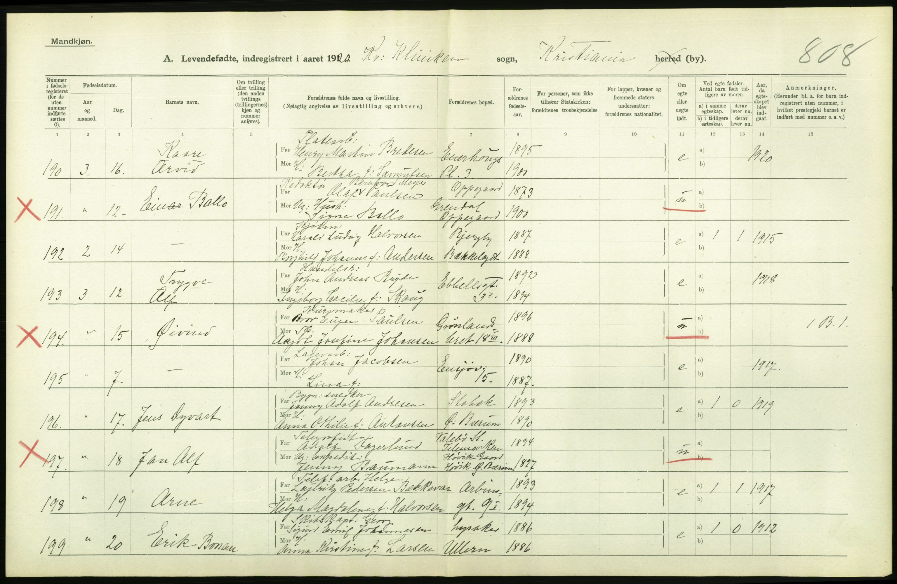 Statistisk sentralbyrå, Sosiodemografiske emner, Befolkning, RA/S-2228/D/Df/Dfb/Dfbj/L0008: Kristiania: Levendefødte menn og kvinner., 1920, p. 362