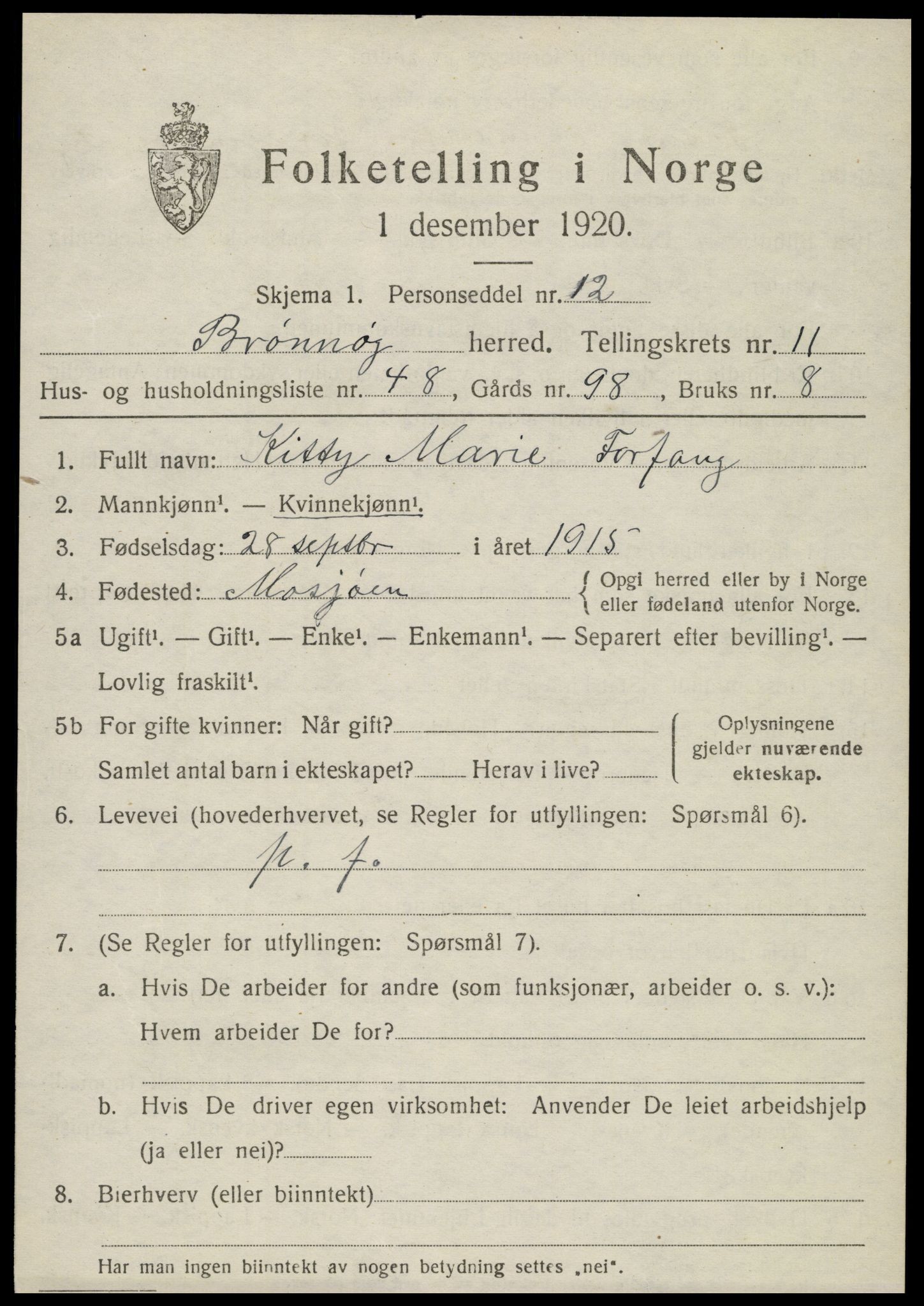 SAT, 1920 census for Brønnøy, 1920, p. 8744