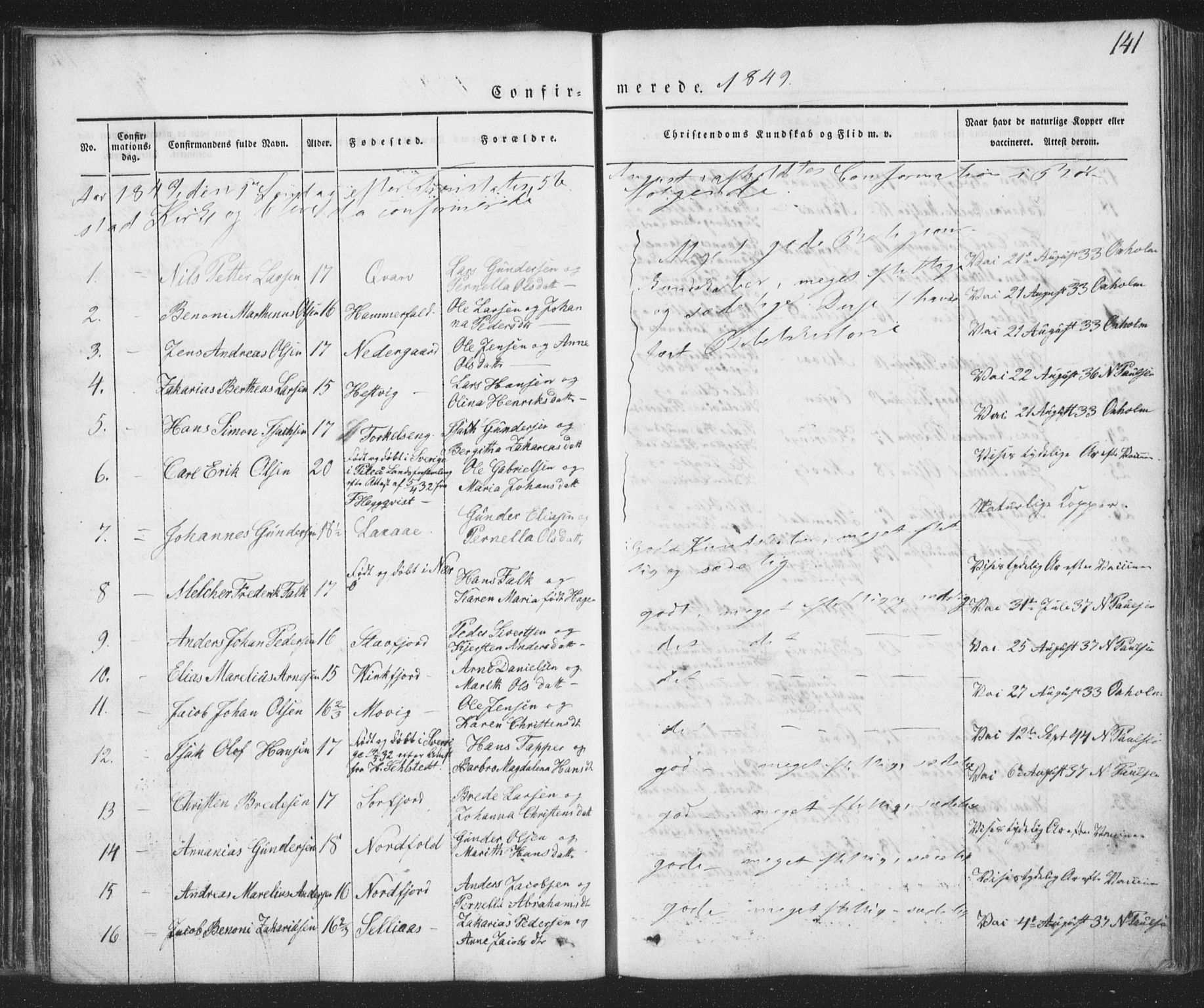 Ministerialprotokoller, klokkerbøker og fødselsregistre - Nordland, AV/SAT-A-1459/853/L0769: Parish register (official) no. 853A08, 1836-1856, p. 141