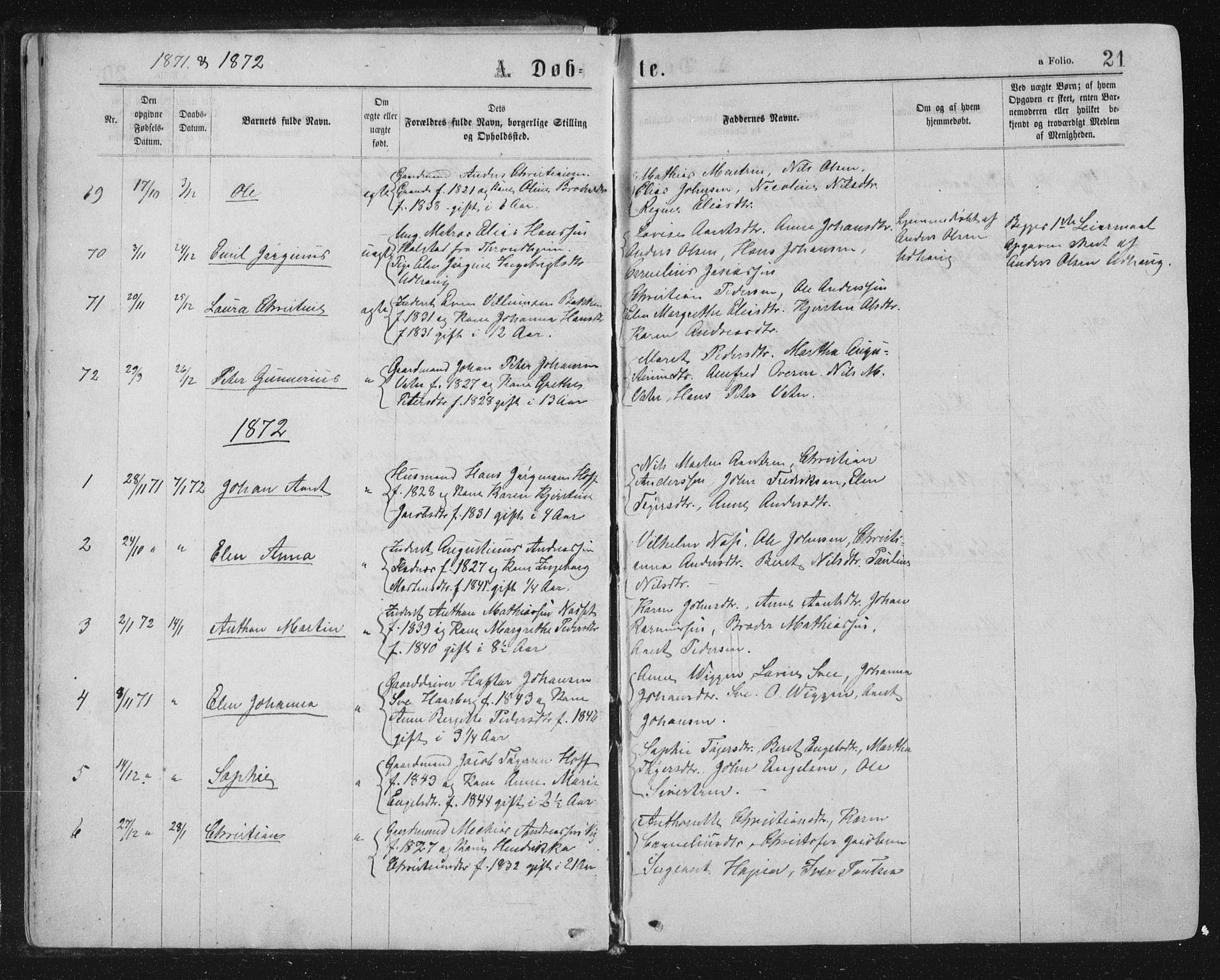 Ministerialprotokoller, klokkerbøker og fødselsregistre - Sør-Trøndelag, SAT/A-1456/659/L0745: Parish register (copy) no. 659C02, 1869-1892, p. 21