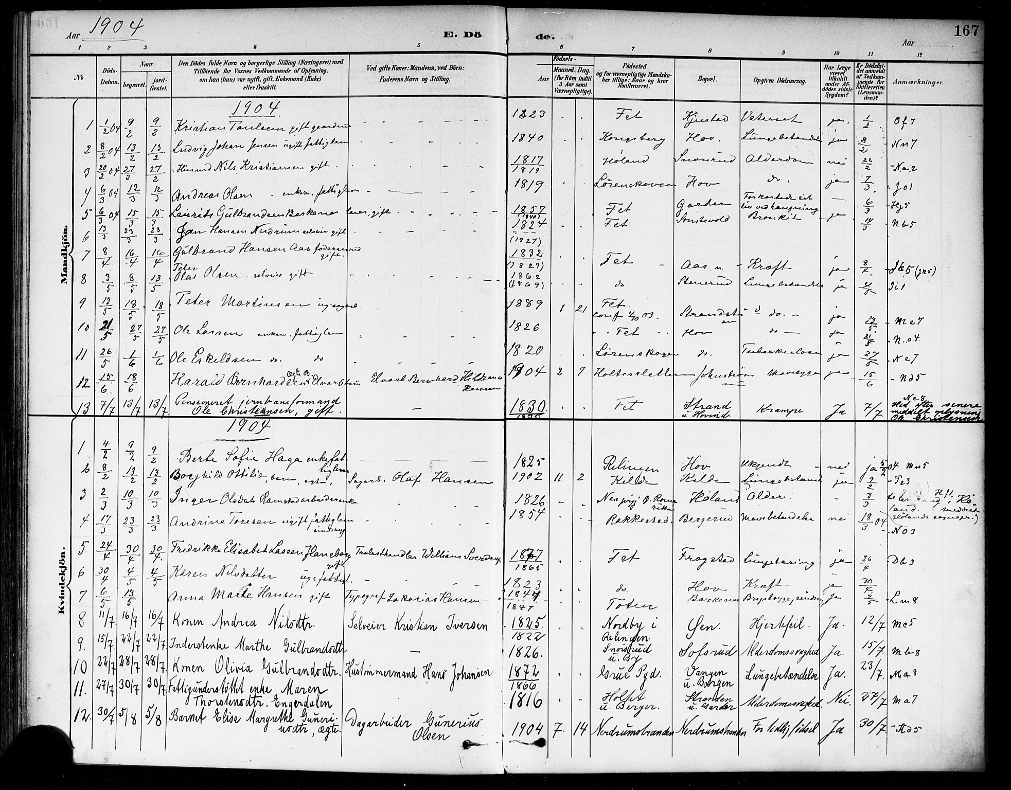 Fet prestekontor Kirkebøker, SAO/A-10370a/F/Fa/L0015: Parish register (official) no. I 15, 1892-1904, p. 167