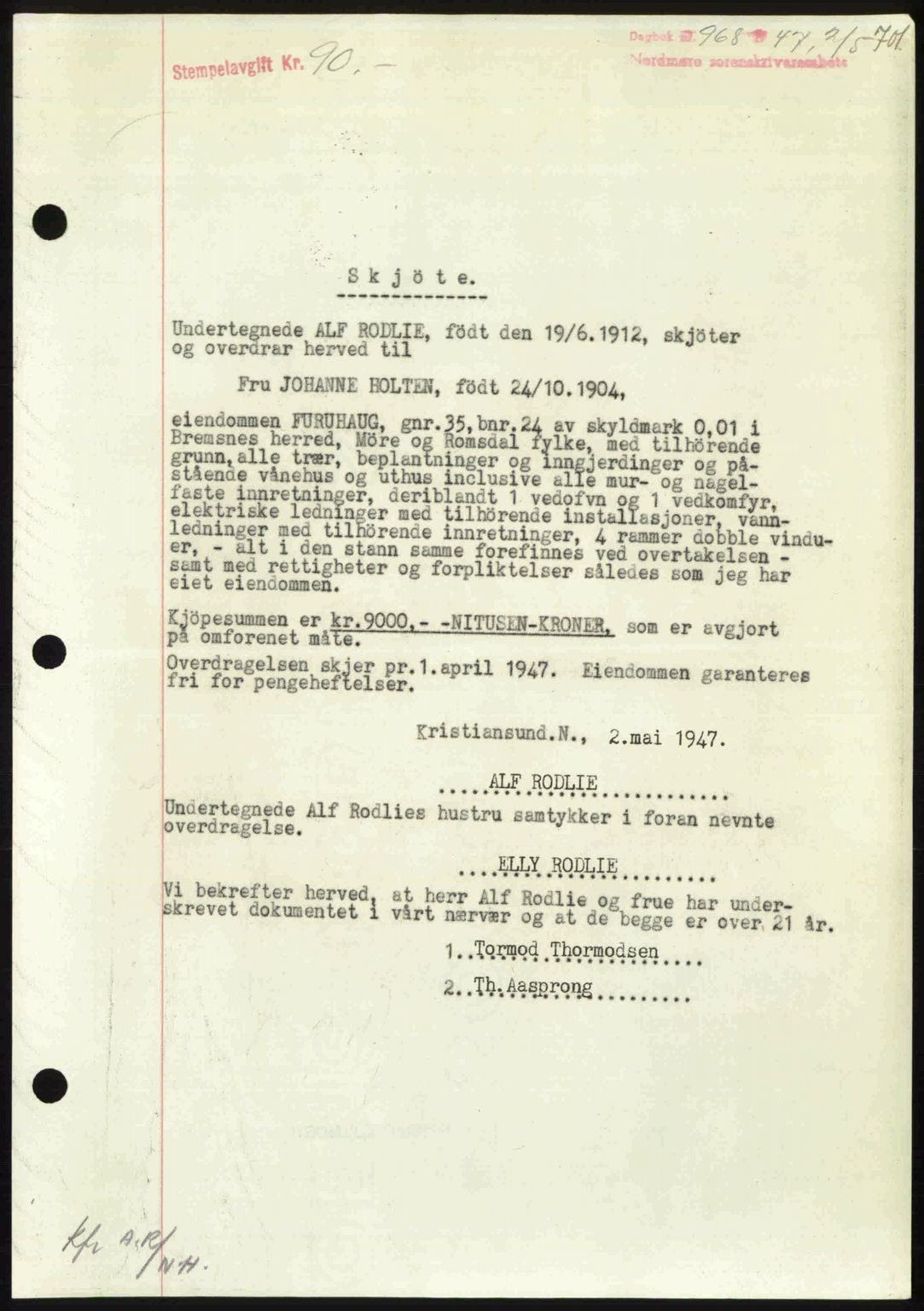 Nordmøre sorenskriveri, AV/SAT-A-4132/1/2/2Ca: Mortgage book no. A104, 1947-1947, Diary no: : 968/1947