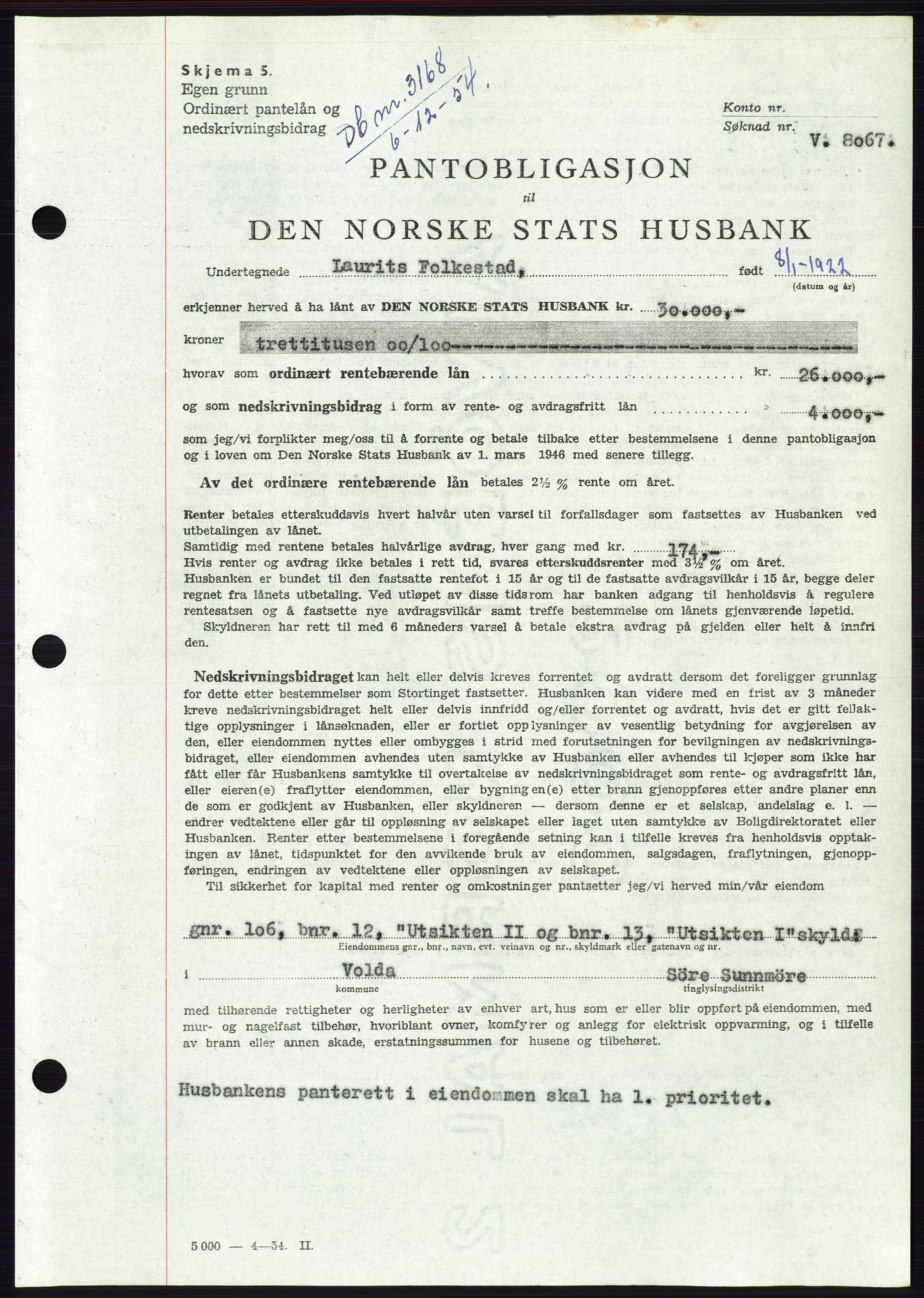 Søre Sunnmøre sorenskriveri, AV/SAT-A-4122/1/2/2C/L0126: Mortgage book no. 14B, 1954-1955, Diary no: : 3168/1954