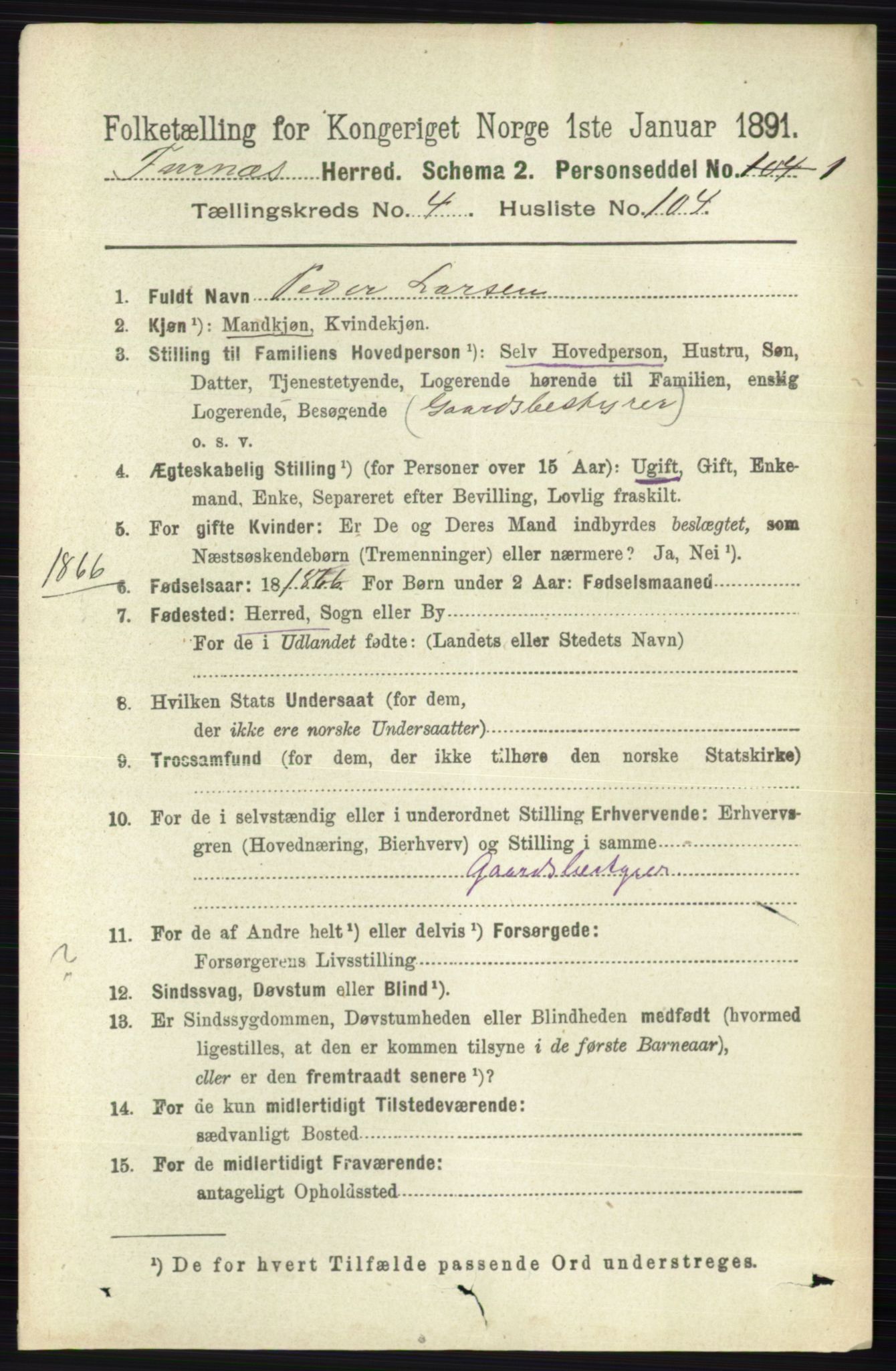 RA, Census 1891 for 0413 Furnes herred, 1891, p. 2996