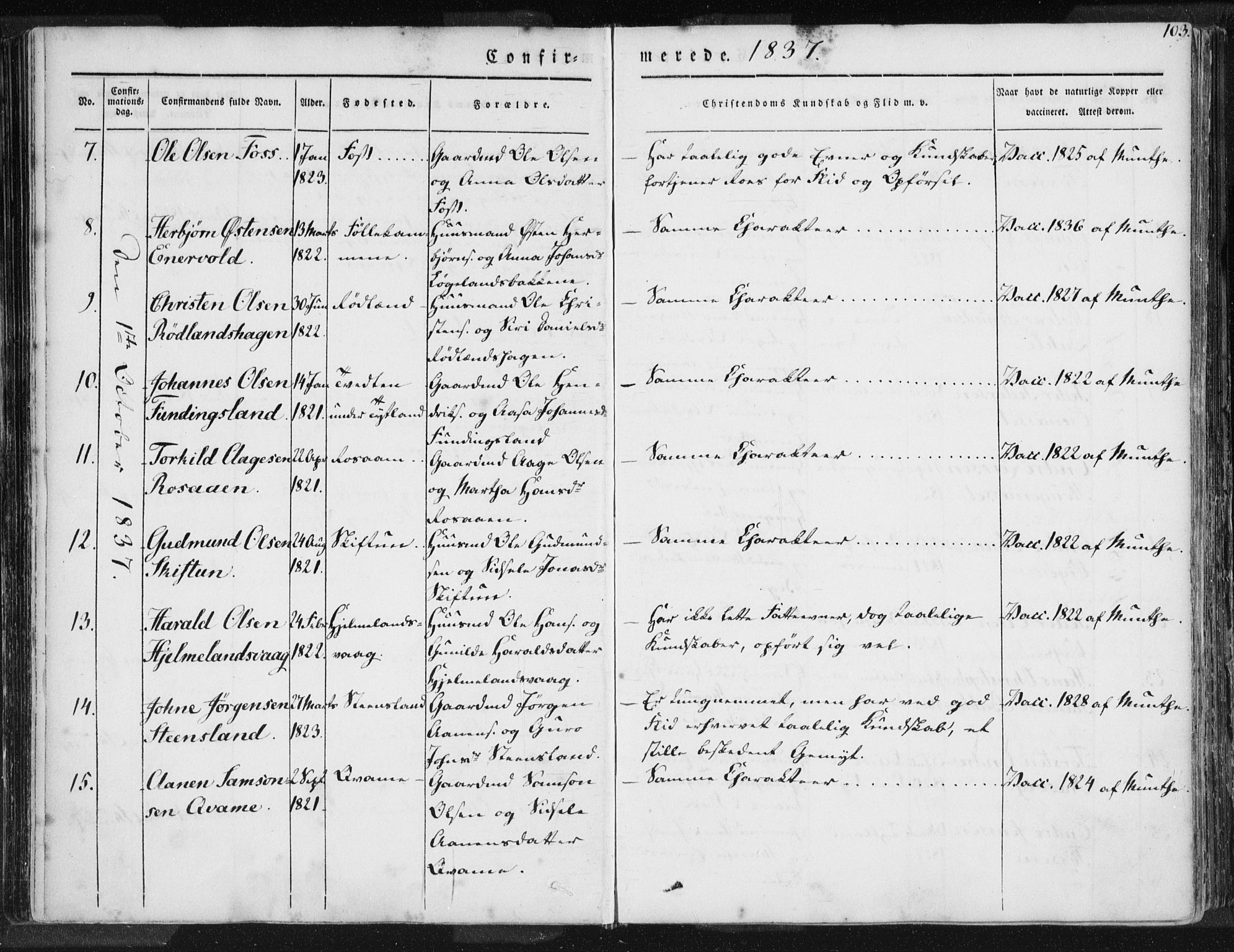 Hjelmeland sokneprestkontor, AV/SAST-A-101843/01/IV/L0006: Parish register (official) no. A 6, 1834-1845, p. 103