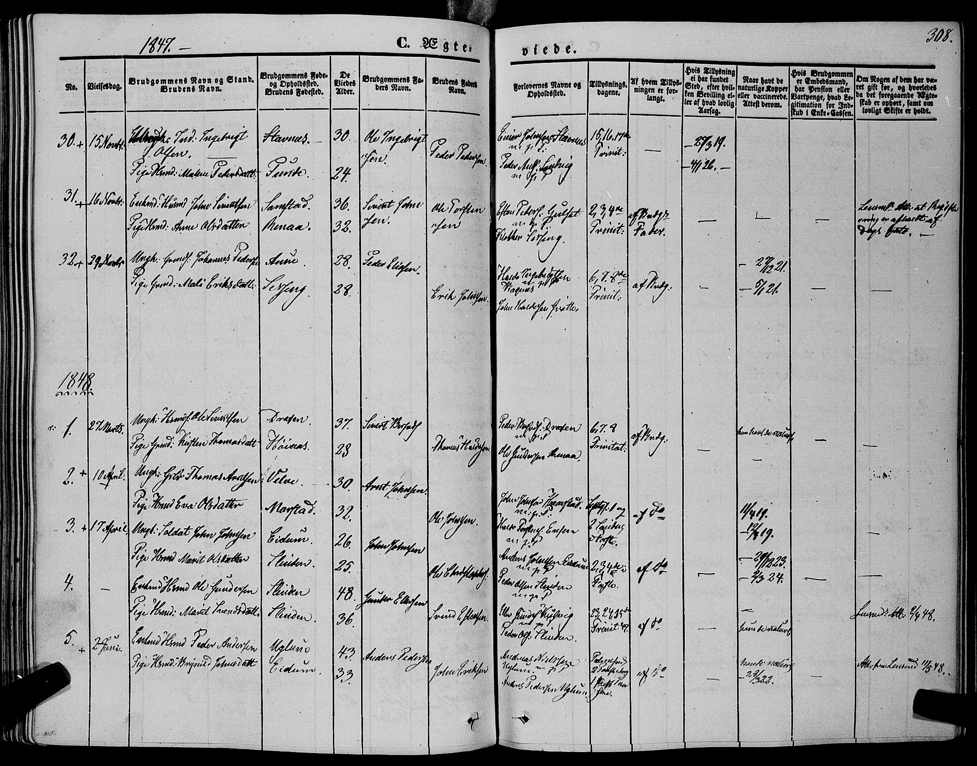Ministerialprotokoller, klokkerbøker og fødselsregistre - Sør-Trøndelag, SAT/A-1456/695/L1145: Parish register (official) no. 695A06 /1, 1843-1859, p. 308