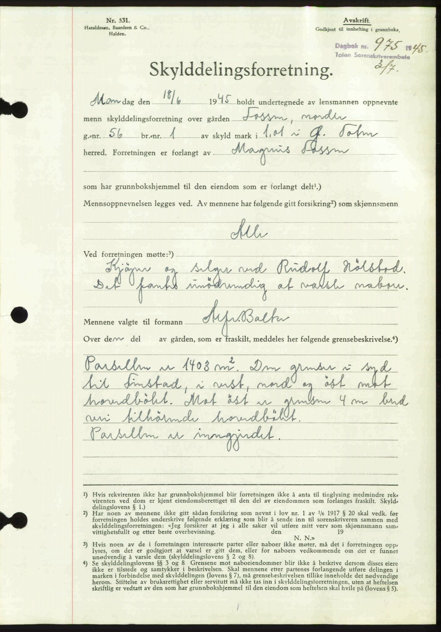 Toten tingrett, SAH/TING-006/H/Hb/Hbc/L0013: Mortgage book no. Hbc-13, 1945-1945, Diary no: : 975/1945