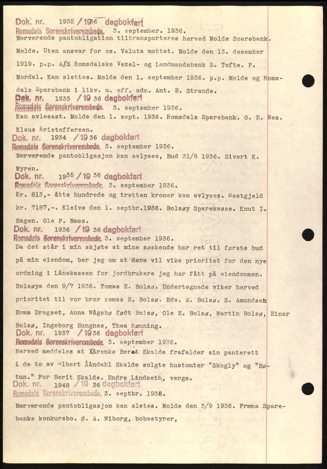 Romsdal sorenskriveri, AV/SAT-A-4149/1/2/2C: Mortgage book no. C1a, 1936-1945, Diary no: : 1932/1936