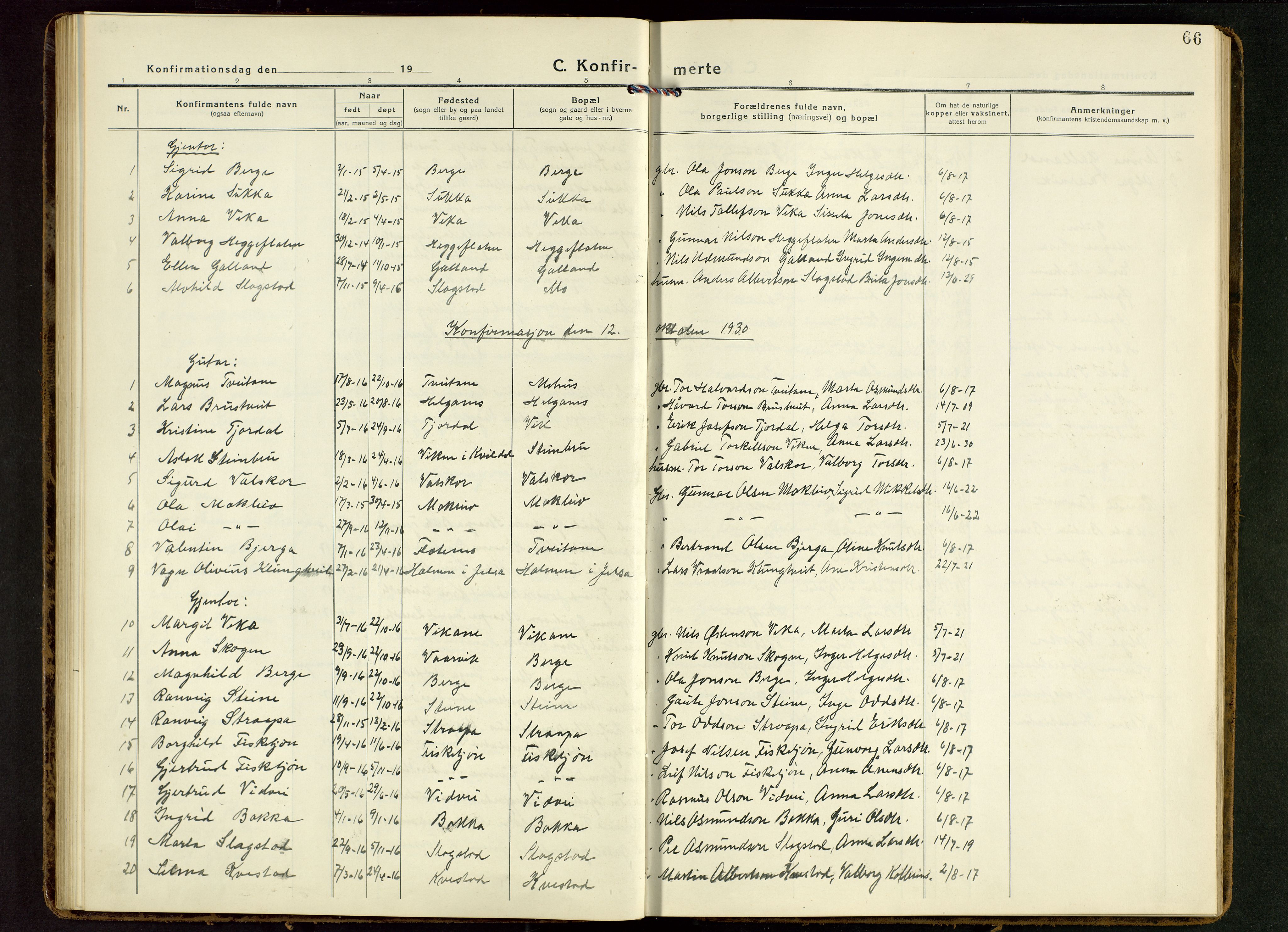 Suldal sokneprestkontor, SAST/A-101845/01/V/L0007: Parish register (copy) no. B 7, 1917-1946, p. 66