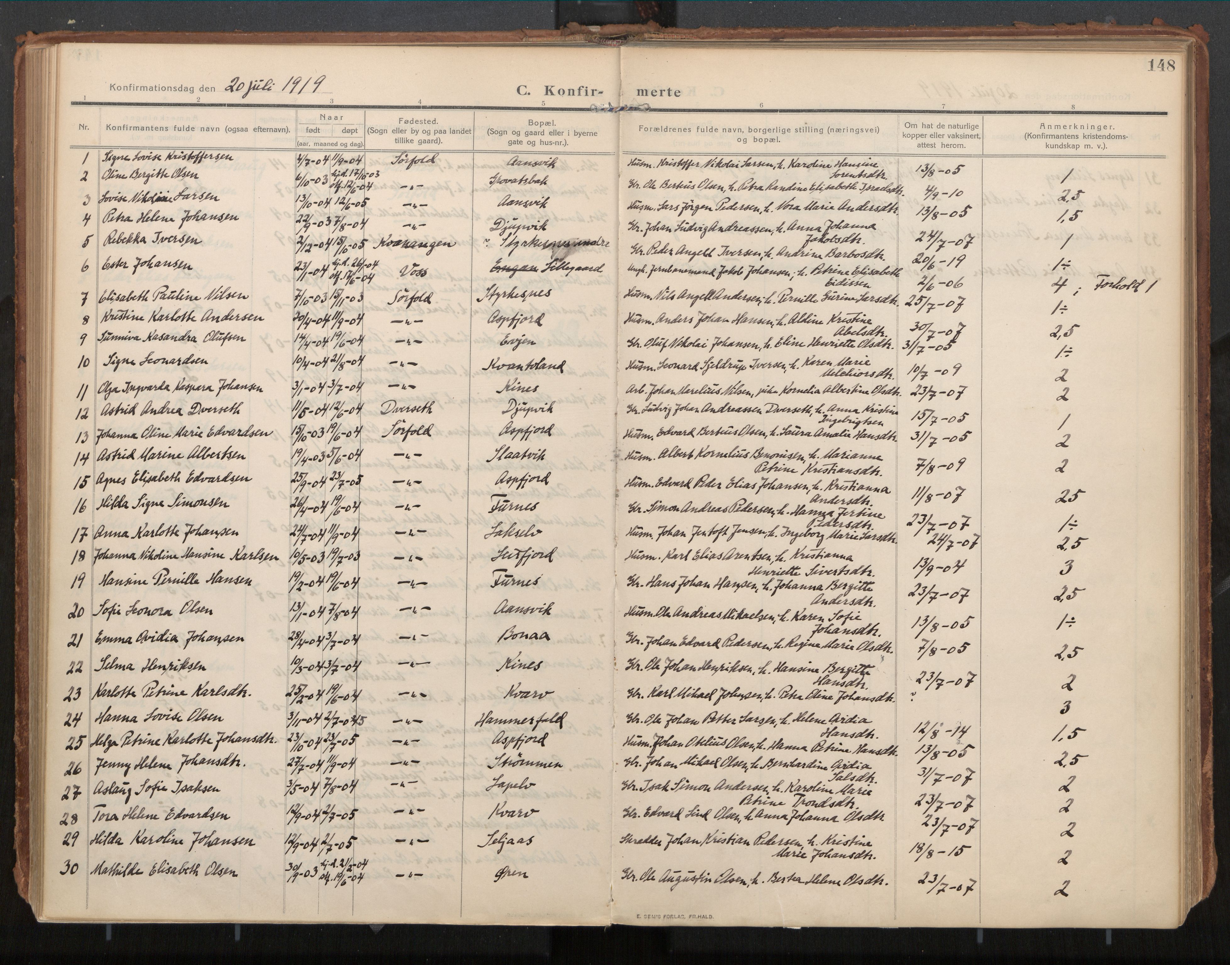 Ministerialprotokoller, klokkerbøker og fødselsregistre - Nordland, AV/SAT-A-1459/854/L0784: Parish register (official) no. 854A07, 1910-1922, p. 148