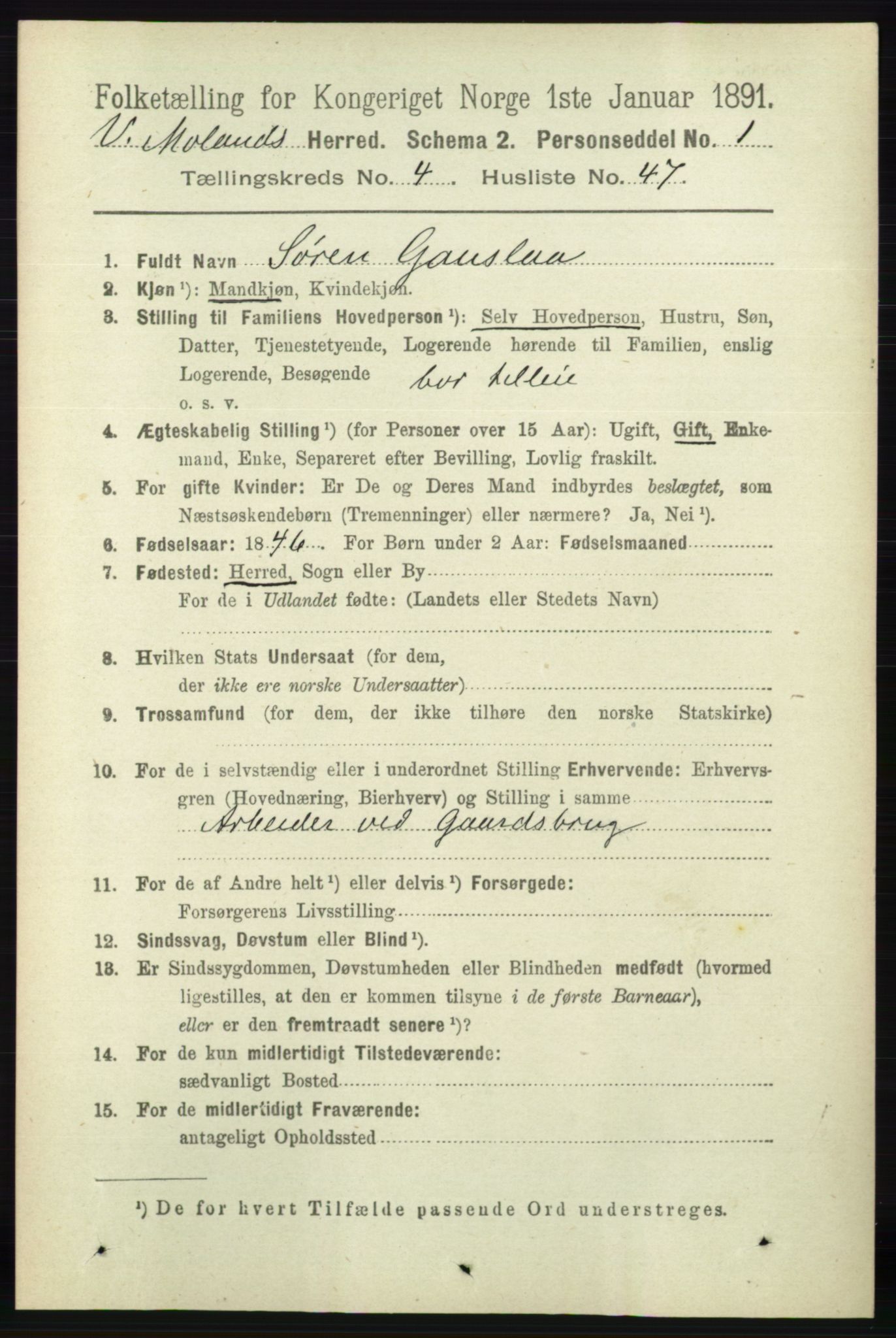 RA, 1891 census for 0926 Vestre Moland, 1891, p. 1570