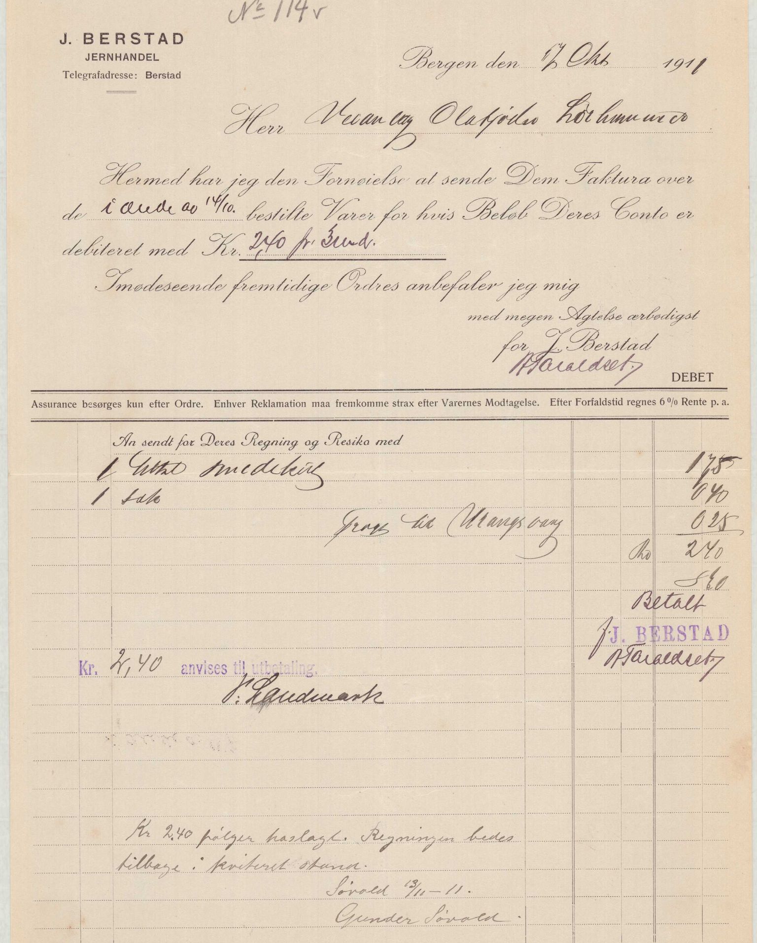 Finnaas kommune. Formannskapet, IKAH/1218a-021/E/Ea/L0001/0003: Rekneskap for veganlegg / Rekneskap for veganlegget Laurhammer - Olakjødn, 1909-1911, p. 83