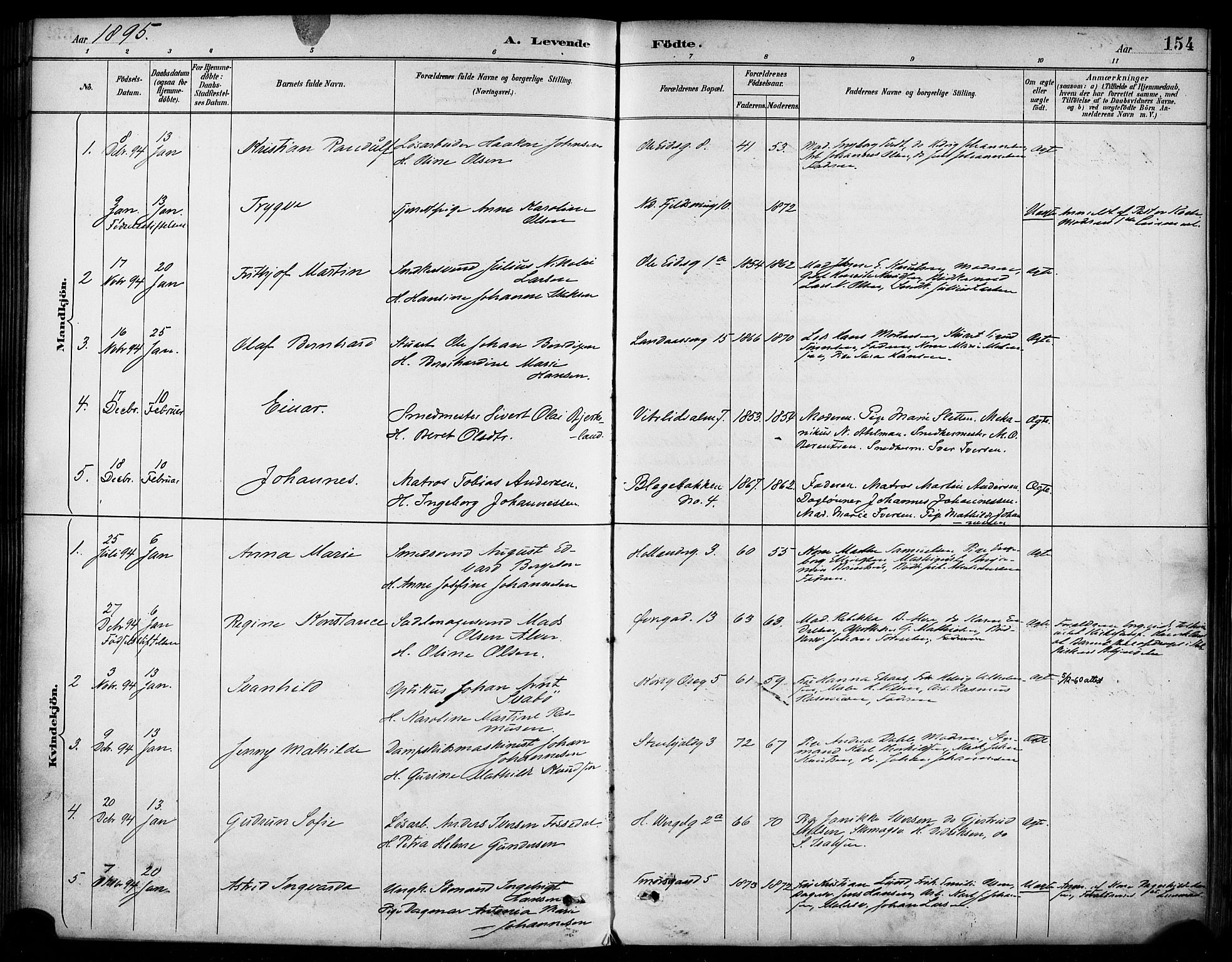 Korskirken sokneprestembete, SAB/A-76101/H/Haa/L0022: Parish register (official) no. B 8, 1889-1899, p. 154