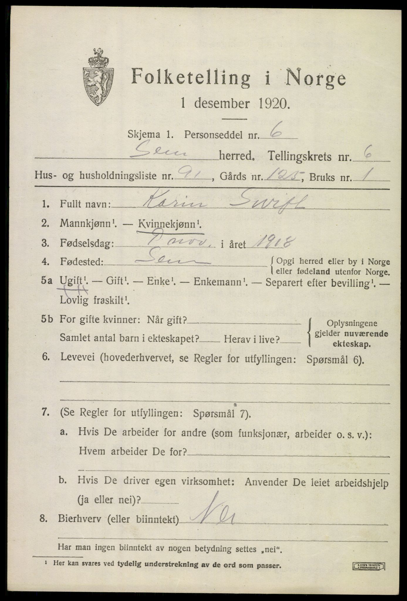 SAKO, 1920 census for Sem, 1920, p. 10299