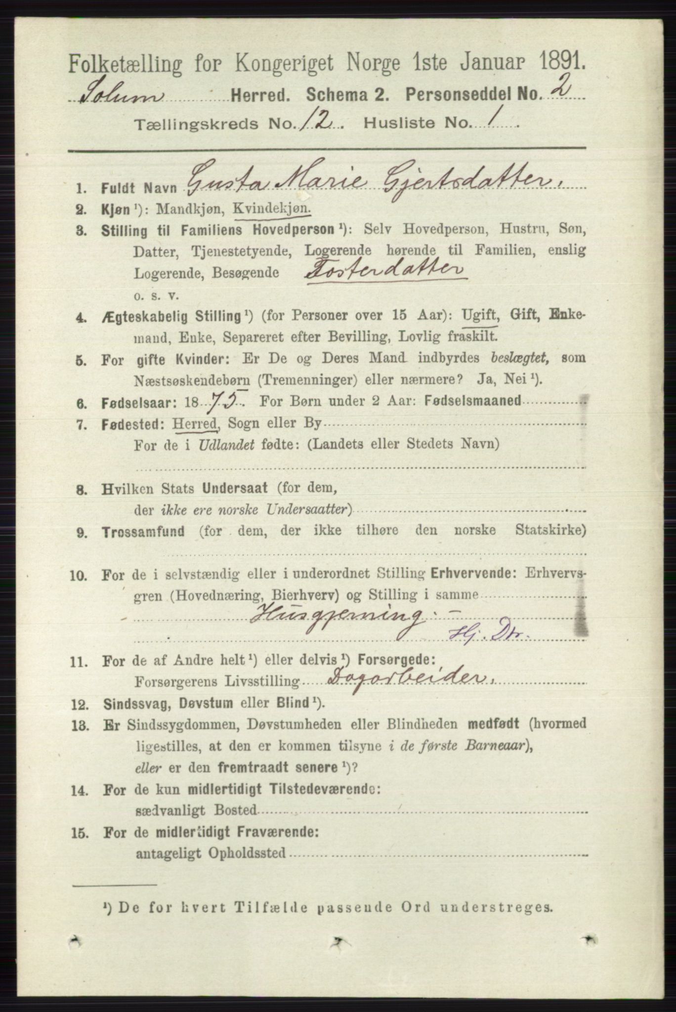 RA, 1891 census for 0818 Solum, 1891, p. 5615