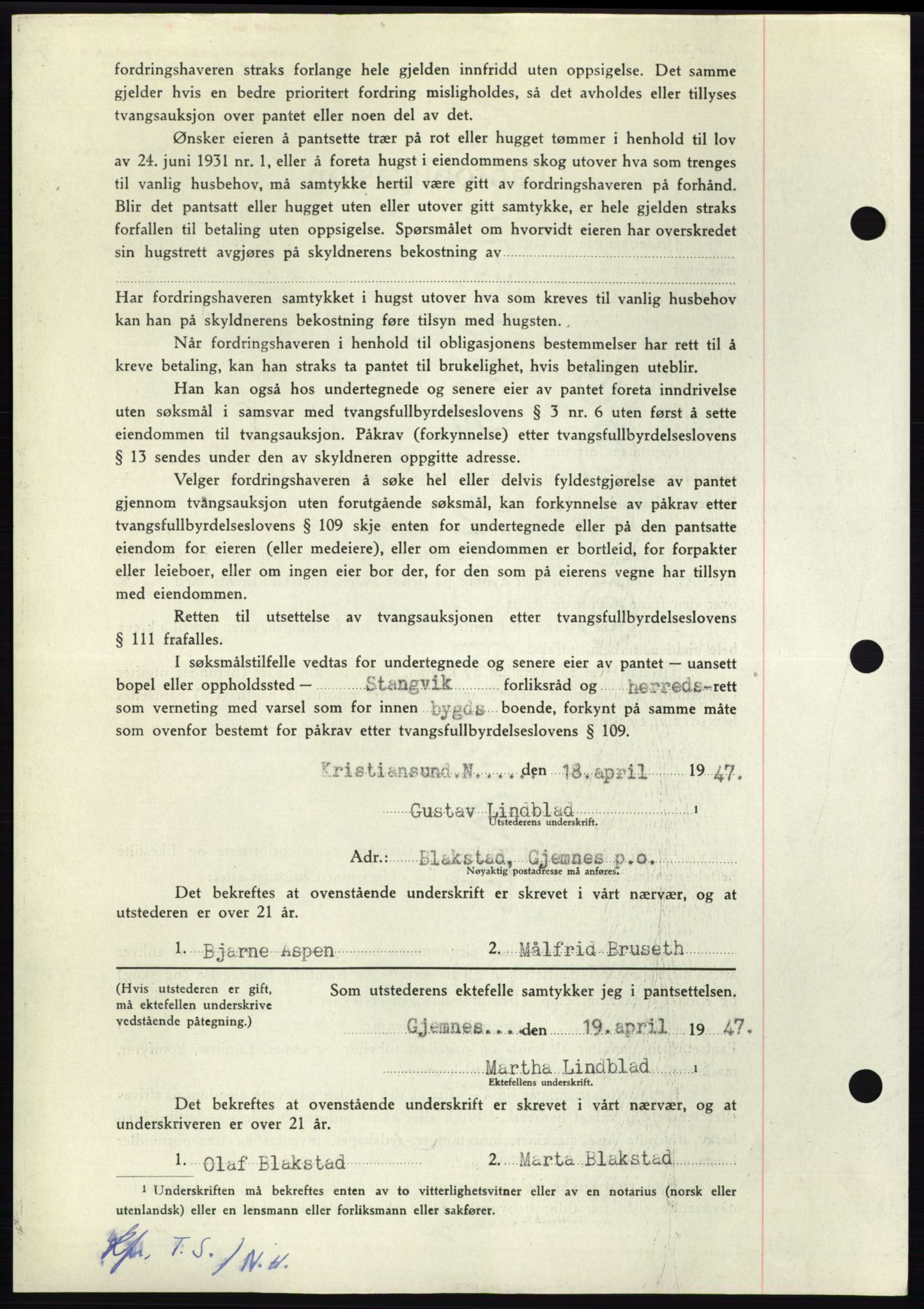 Nordmøre sorenskriveri, AV/SAT-A-4132/1/2/2Ca: Mortgage book no. B96, 1947-1947, Diary no: : 1368/1947