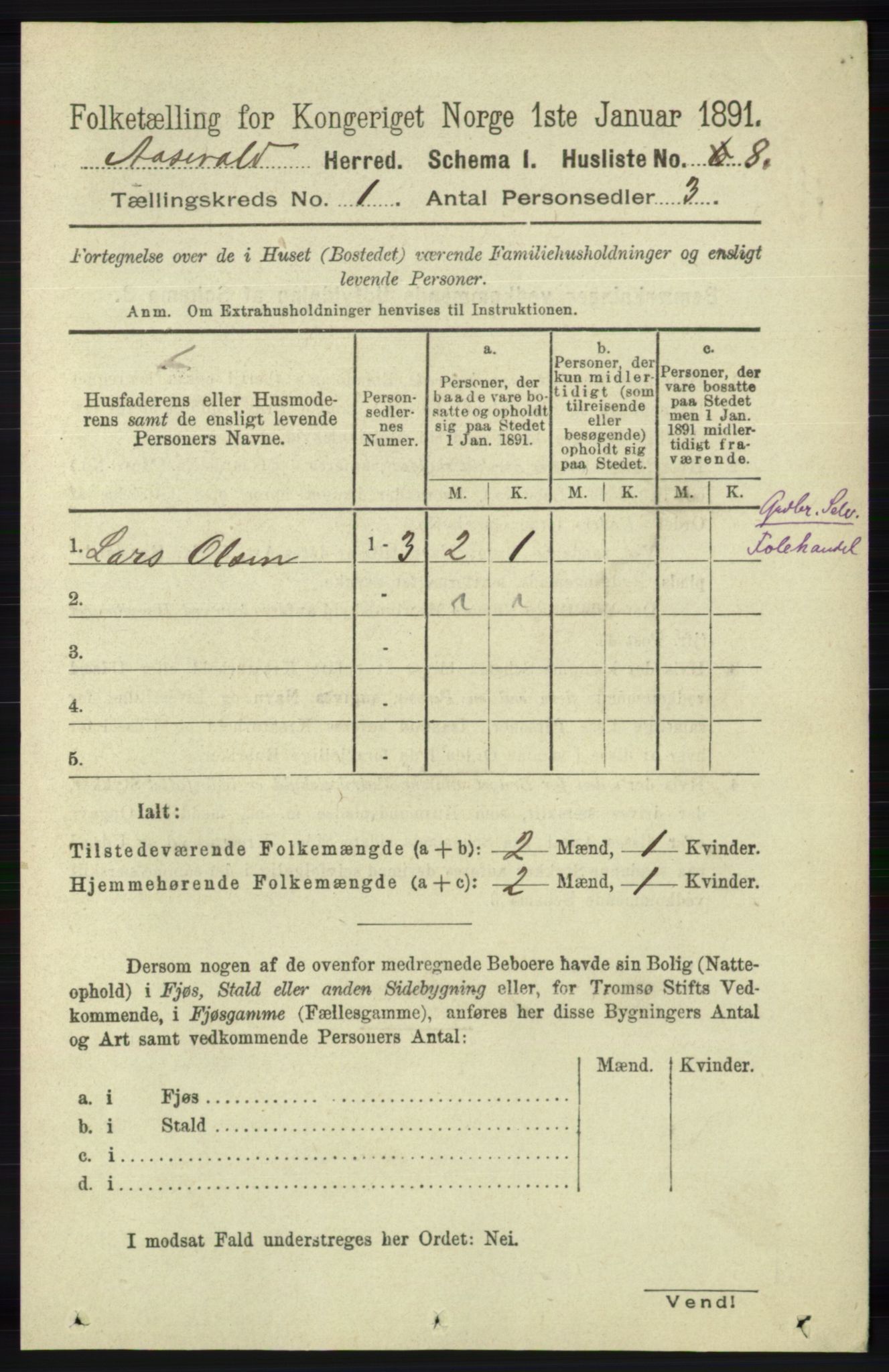 RA, 1891 census for 1026 Åseral, 1891, p. 24