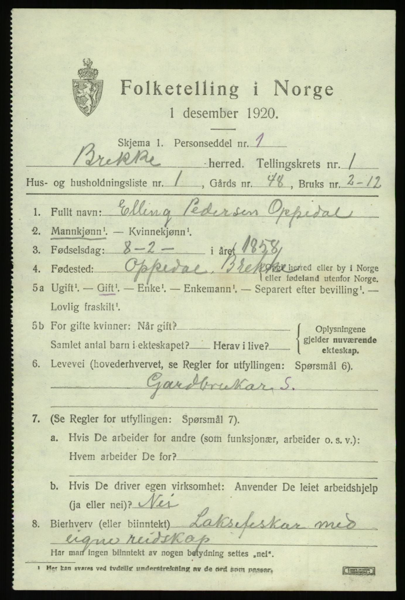 SAB, 1920 census for Brekke, 1920, p. 330