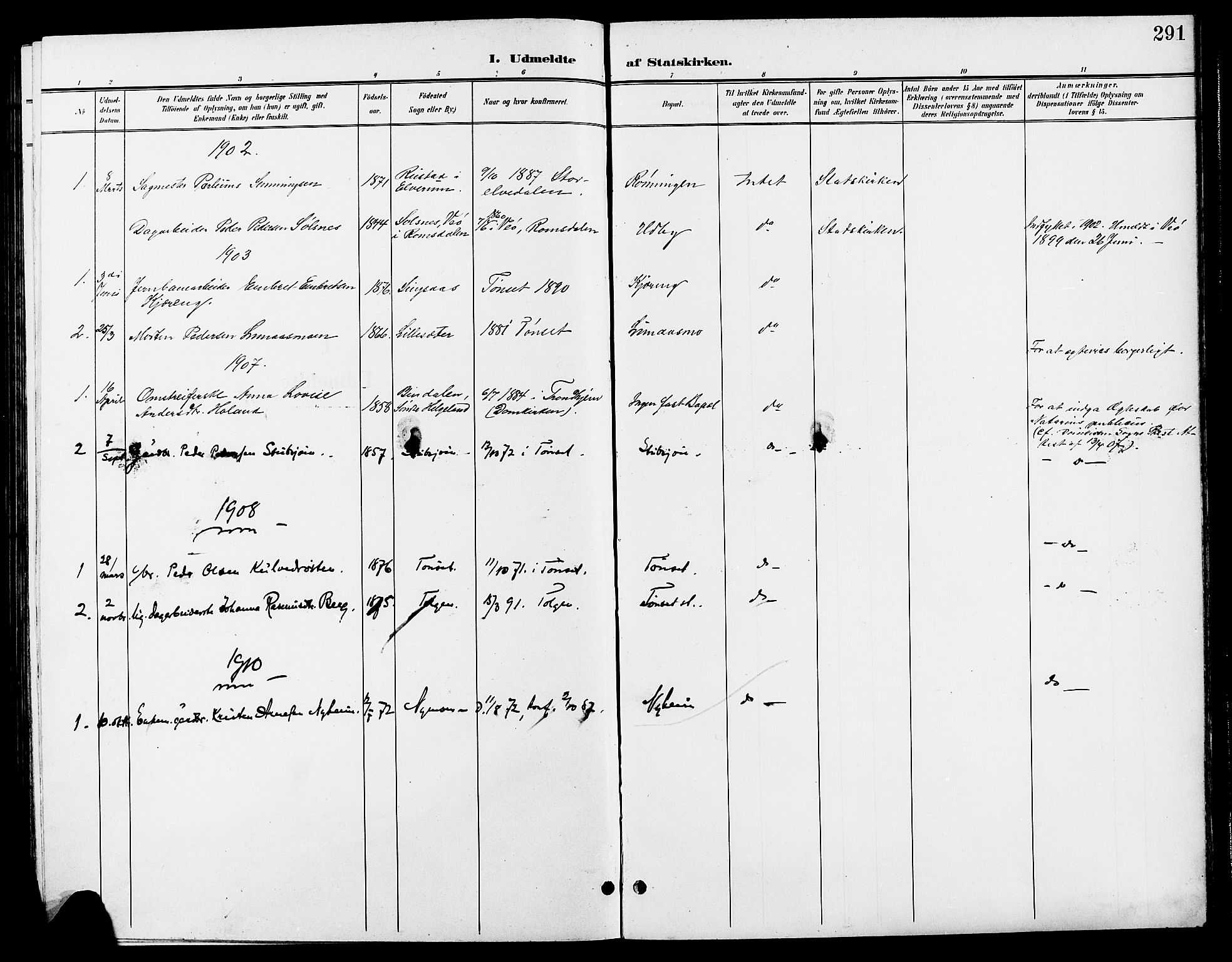 Tynset prestekontor, AV/SAH-PREST-058/H/Ha/Hab/L0009: Parish register (copy) no. 9, 1900-1914, p. 291