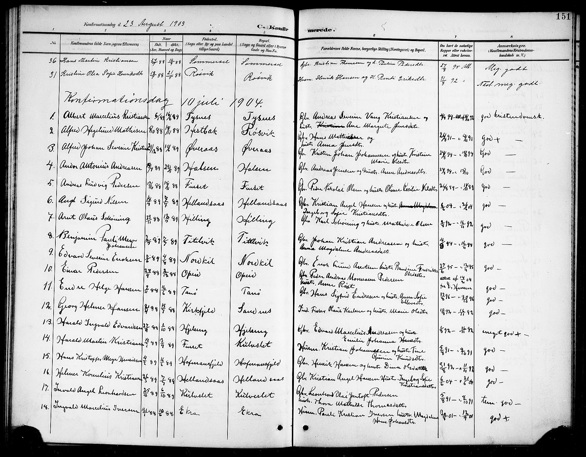 Ministerialprotokoller, klokkerbøker og fødselsregistre - Nordland, SAT/A-1459/859/L0860: Parish register (copy) no. 859C06, 1899-1909, p. 151