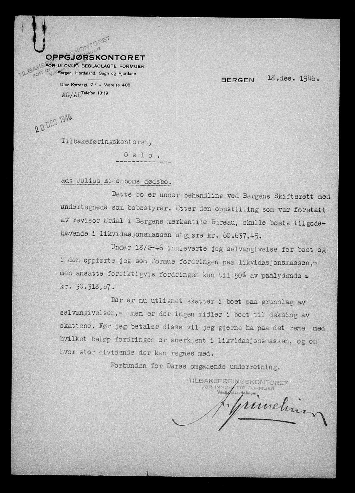 Justisdepartementet, Tilbakeføringskontoret for inndratte formuer, AV/RA-S-1564/H/Hc/Hcd/L0995: --, 1945-1947, p. 21