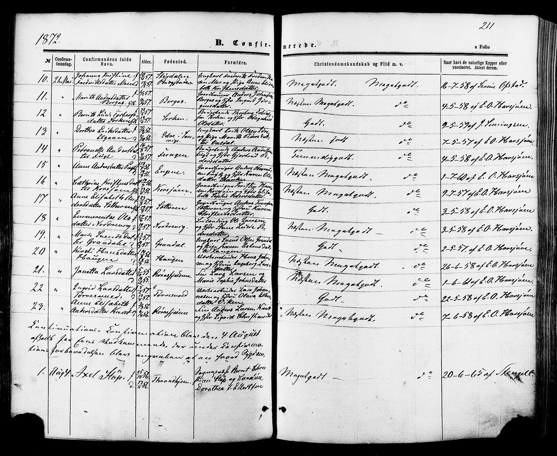 Ministerialprotokoller, klokkerbøker og fødselsregistre - Sør-Trøndelag, SAT/A-1456/681/L0932: Parish register (official) no. 681A10, 1860-1878, p. 211