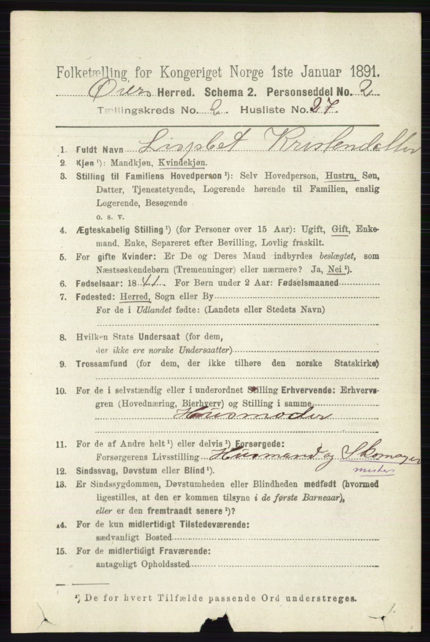 RA, 1891 census for 0521 Øyer, 1891, p. 620