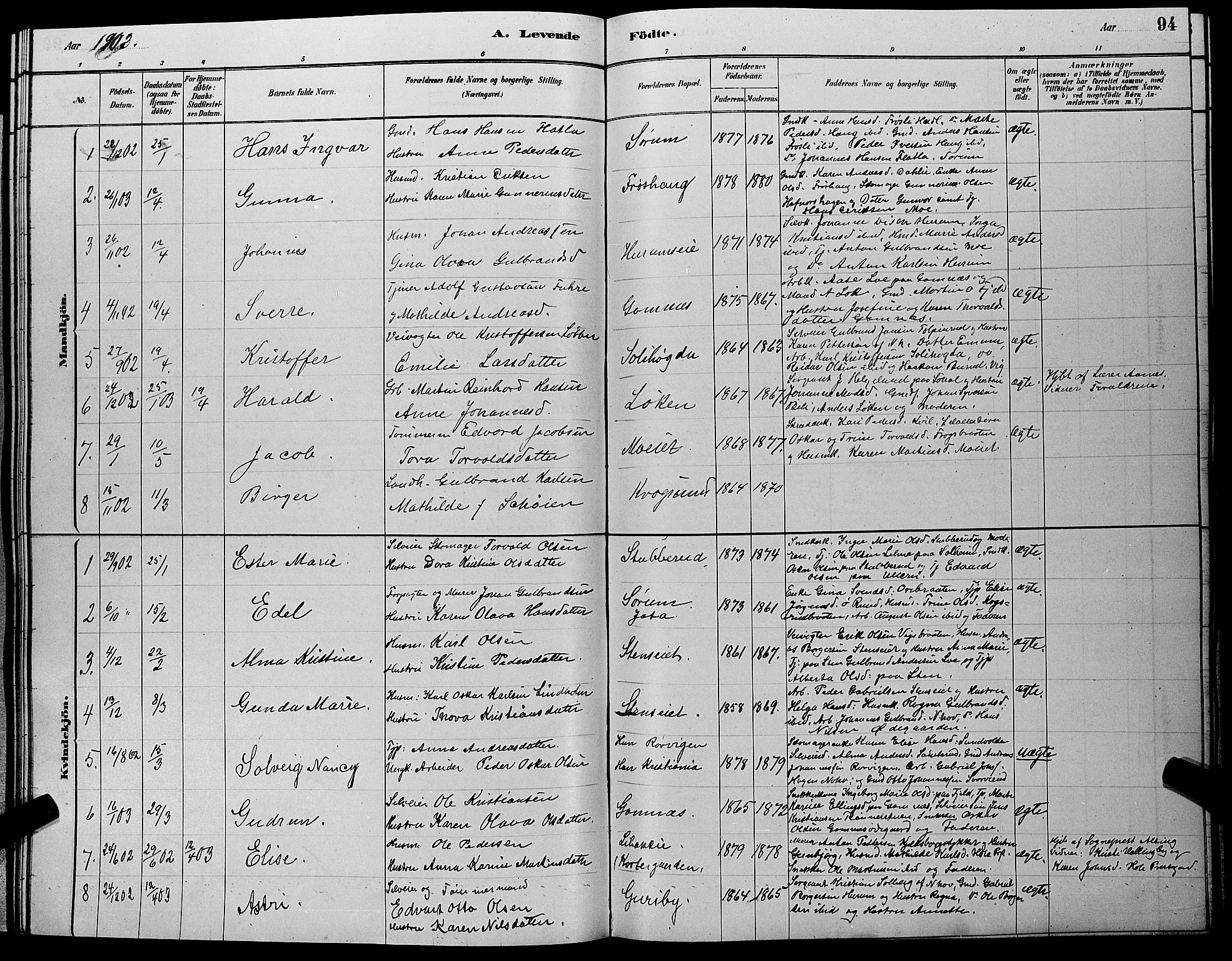 Hole kirkebøker, SAKO/A-228/G/Ga/L0003: Parish register (copy) no. I 3, 1879-1904, p. 94