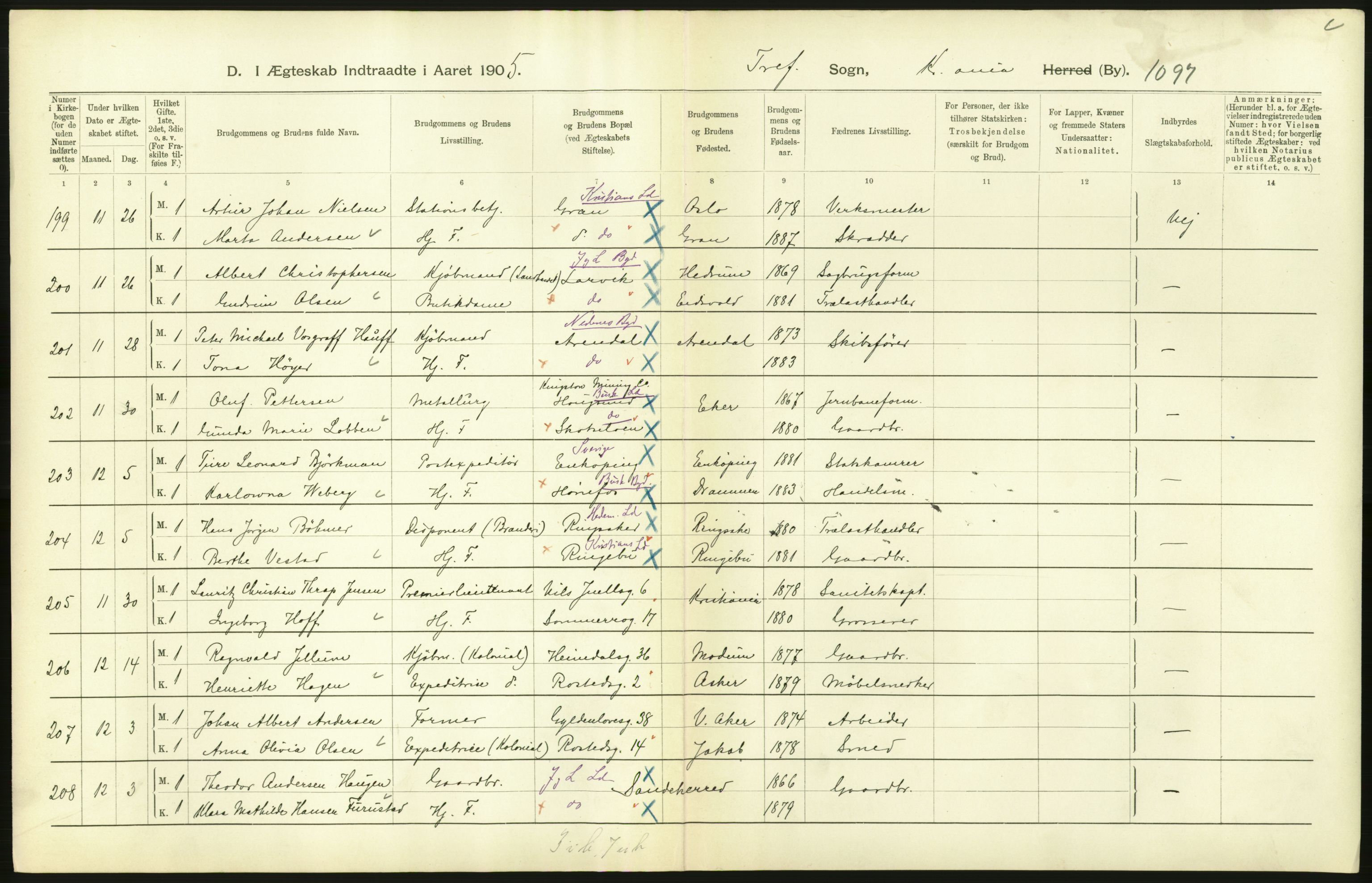 Statistisk sentralbyrå, Sosiodemografiske emner, Befolkning, AV/RA-S-2228/D/Df/Dfa/Dfac/L0007b: Kristiania: Gifte, 1905, p. 276