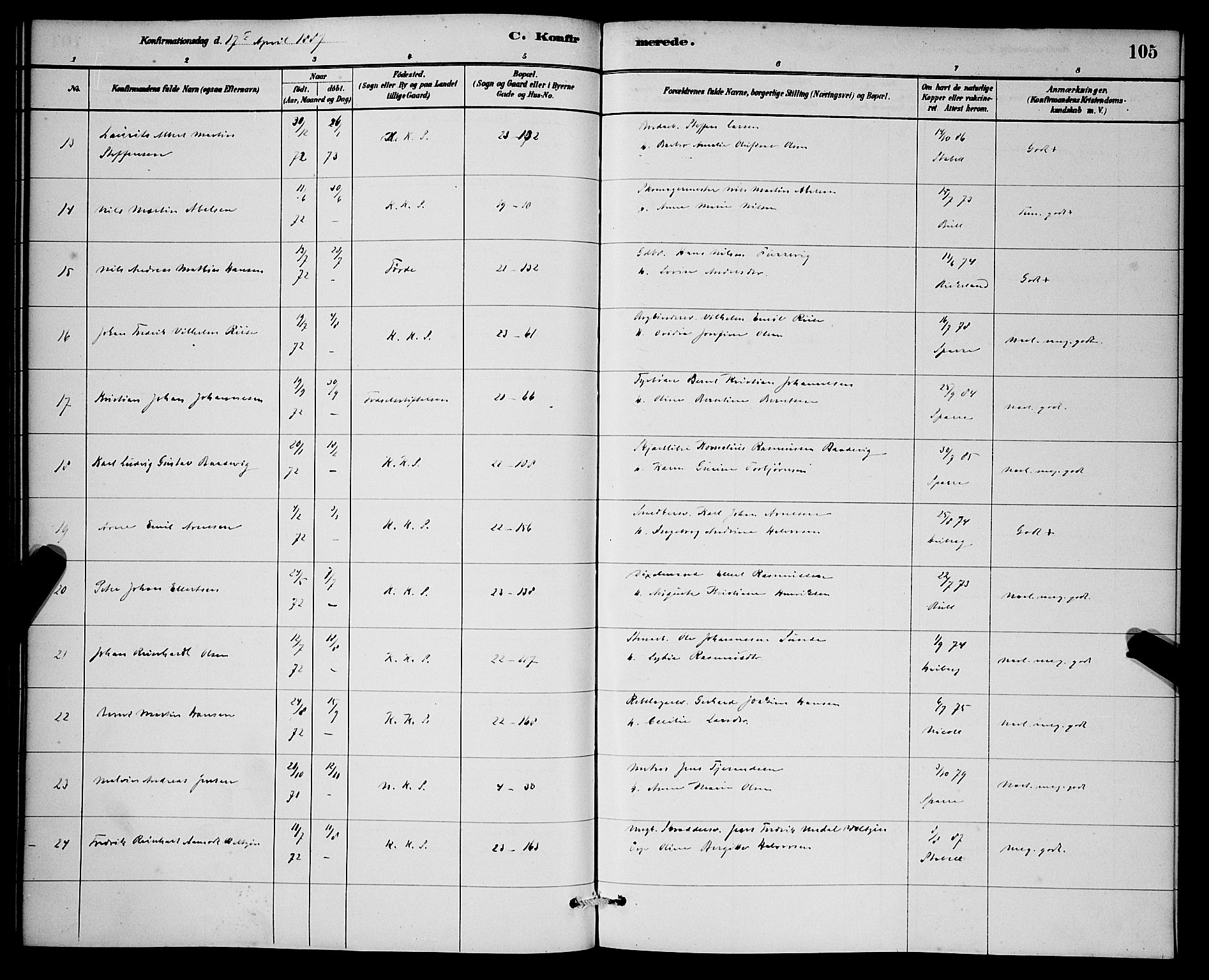 Korskirken sokneprestembete, AV/SAB-A-76101/H/Hab: Parish register (copy) no. C 3, 1880-1892, p. 105