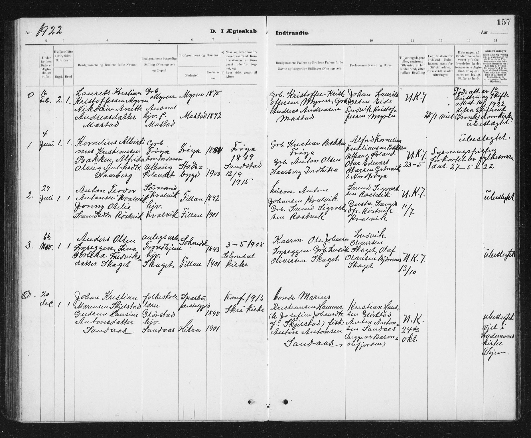 Ministerialprotokoller, klokkerbøker og fødselsregistre - Sør-Trøndelag, SAT/A-1456/637/L0563: Parish register (copy) no. 637C04, 1899-1940, p. 157