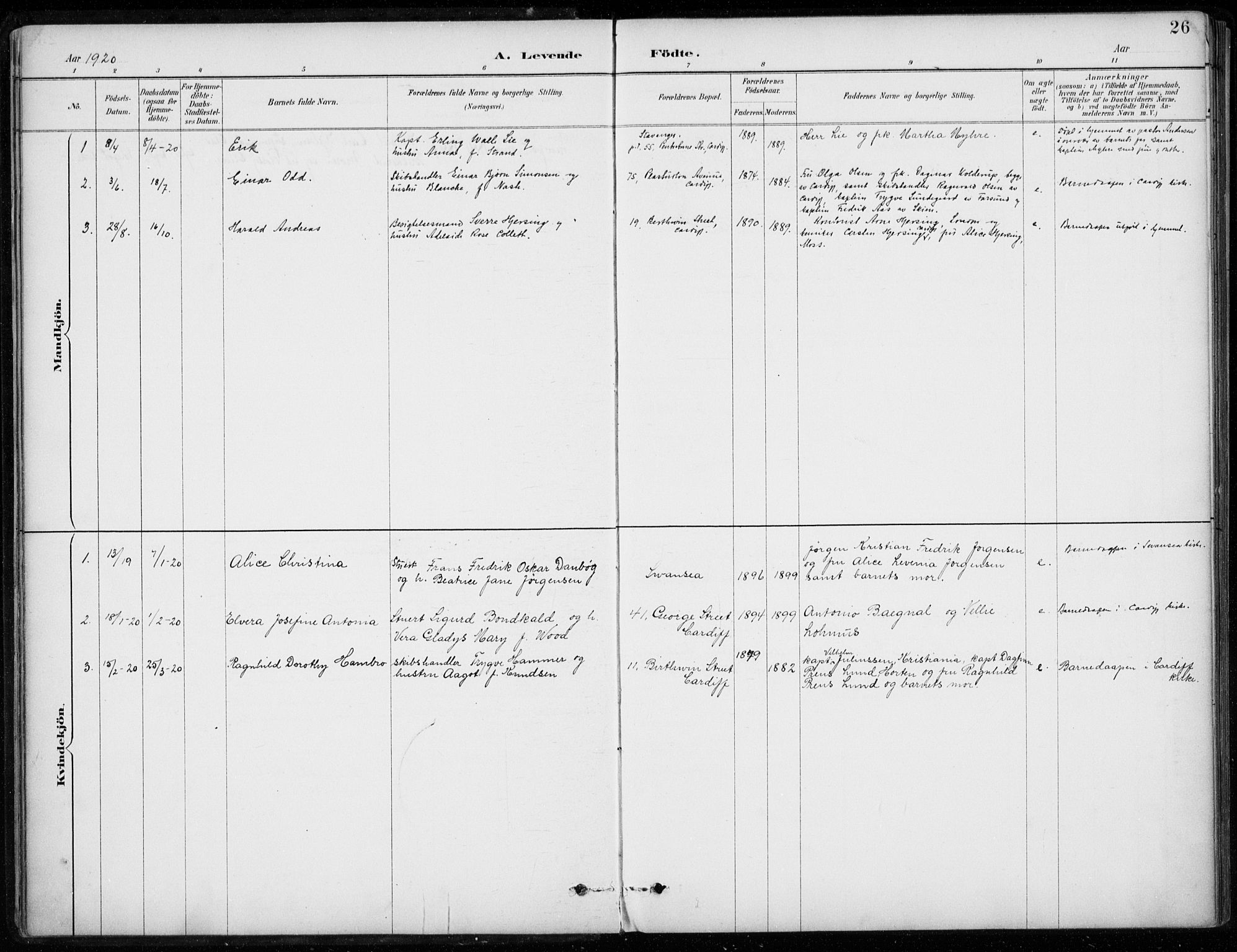 Den norske sjømannsmisjon i utlandet/Bristolhavnene(Cardiff-Swansea), SAB/SAB/PA-0102/H/Ha/Haa/L0002: Parish register (official) no. A 2, 1887-1932, p. 26