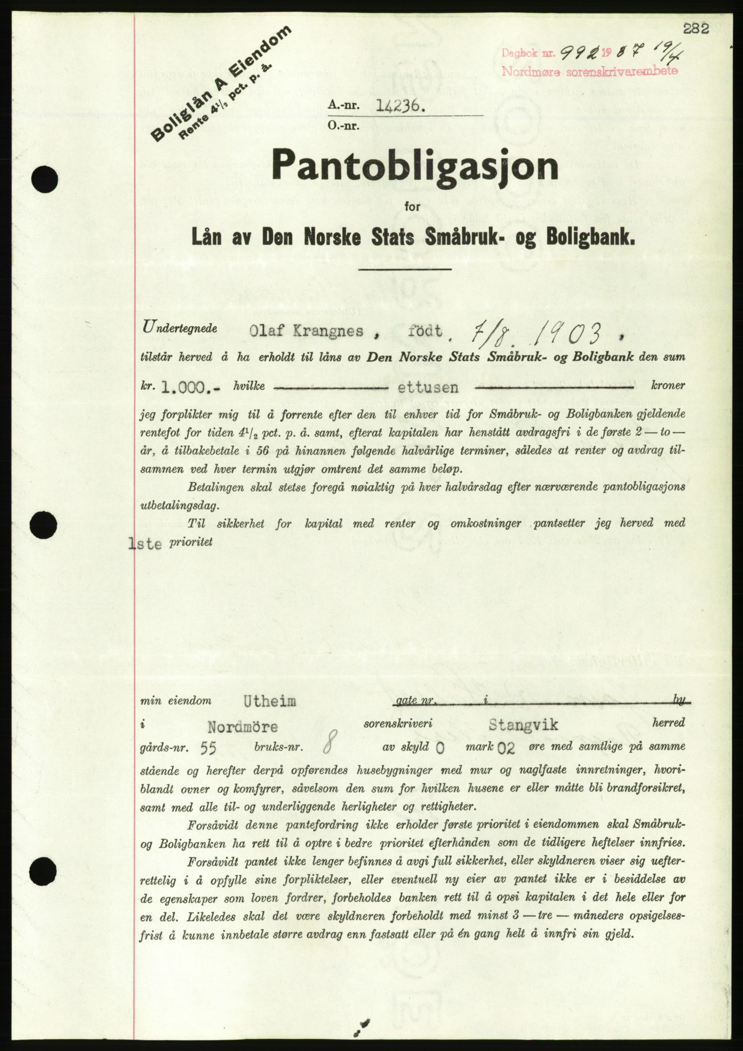 Nordmøre sorenskriveri, AV/SAT-A-4132/1/2/2Ca/L0091: Mortgage book no. B81, 1937-1937, Diary no: : 992/1937