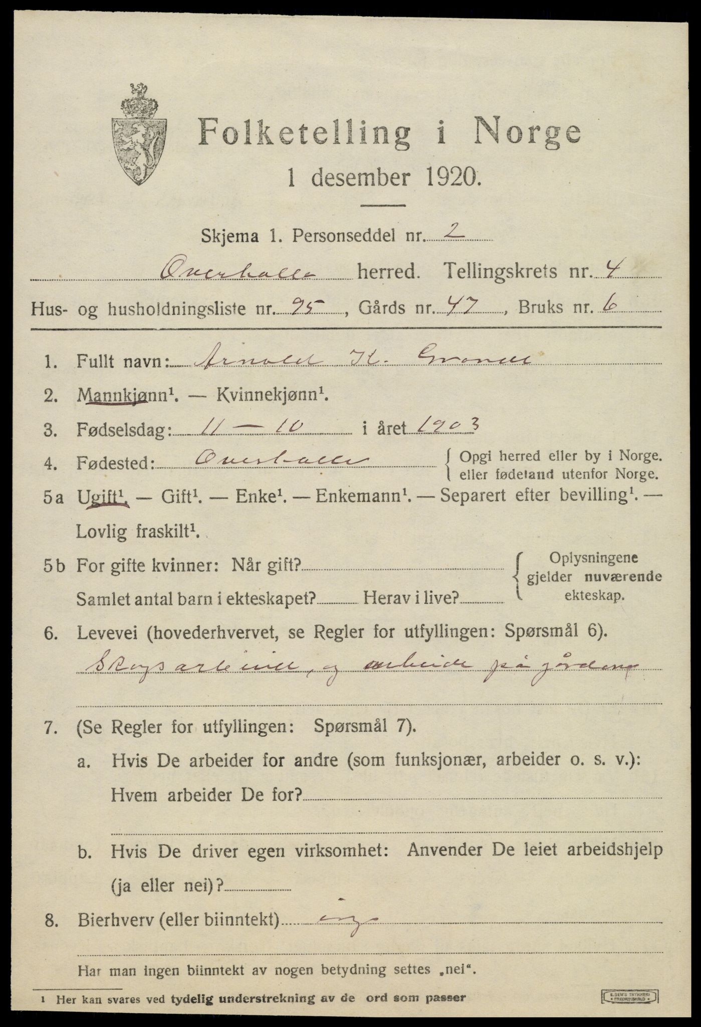 SAT, 1920 census for Overhalla, 1920, p. 3706