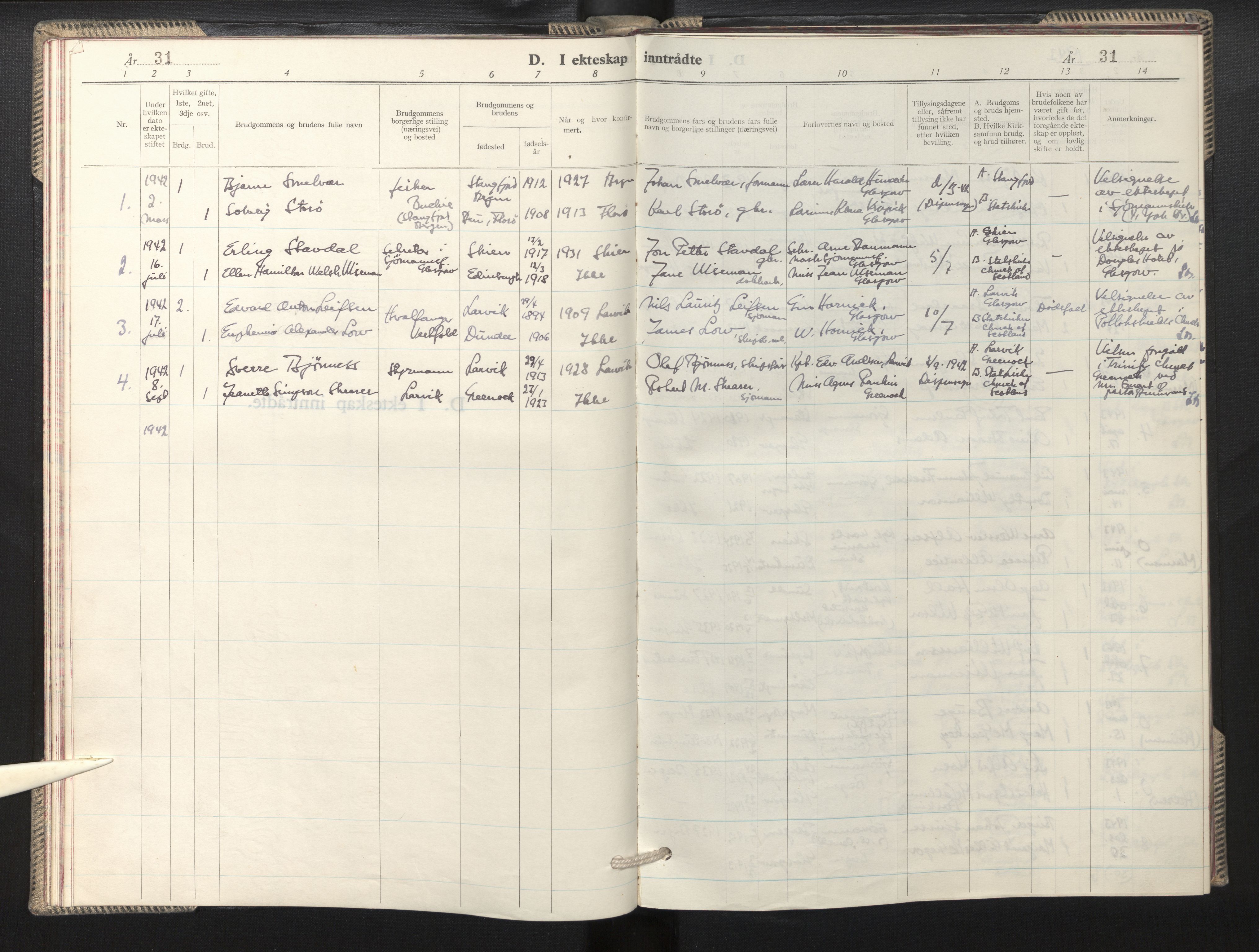 Den norske sjømannsmisjon i utlandet/Skotske havner (Leith, Glasgow), SAB/SAB/PA-0100/H/Ha/Hab/L0002: Parish register (official) no. A 2, 1940-1946, p. 31