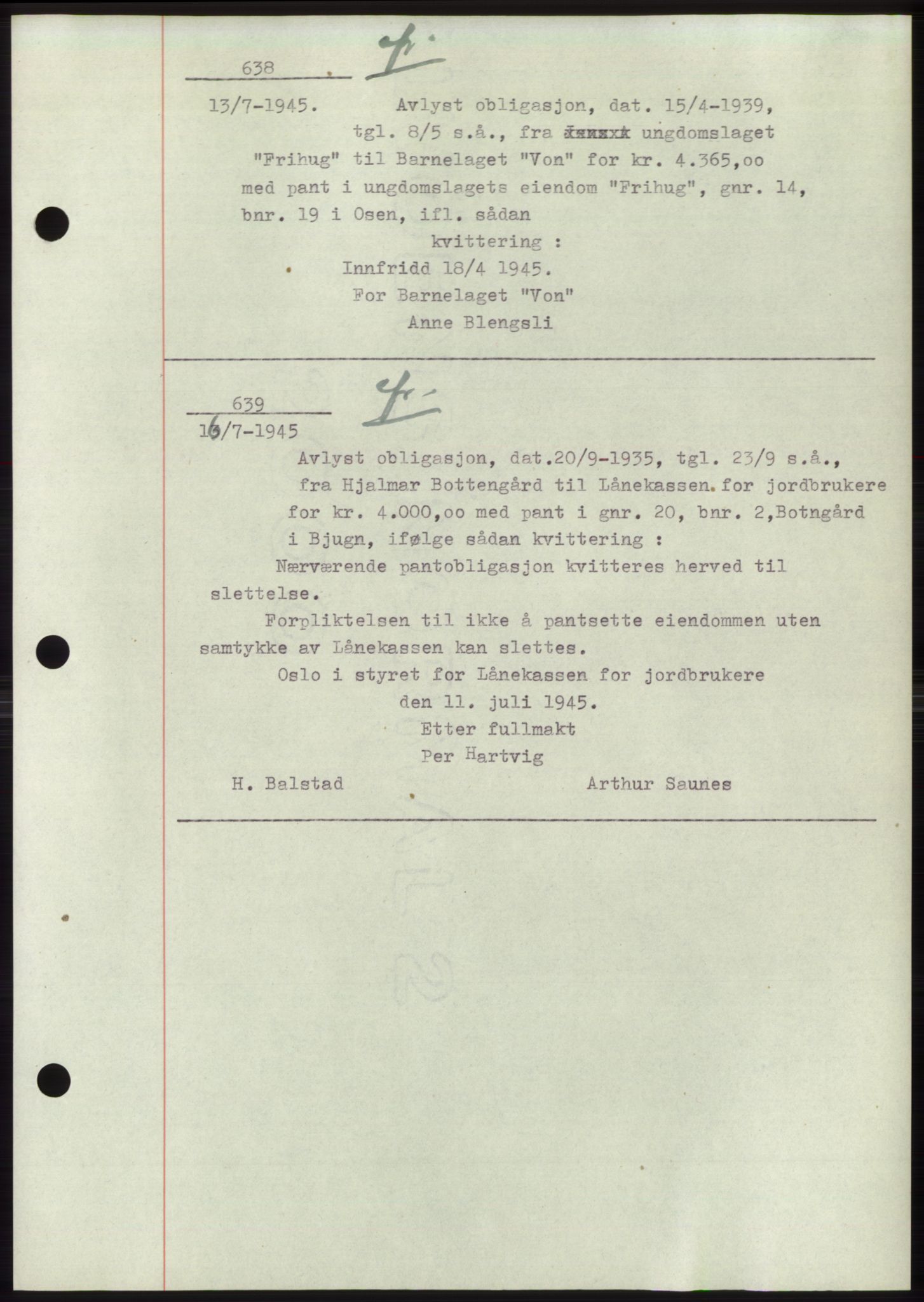 Fosen sorenskriveri, AV/SAT-A-1107/1/2/2C: Mortgage book no. B1, 1943-1946, Diary no: : 638/1945
