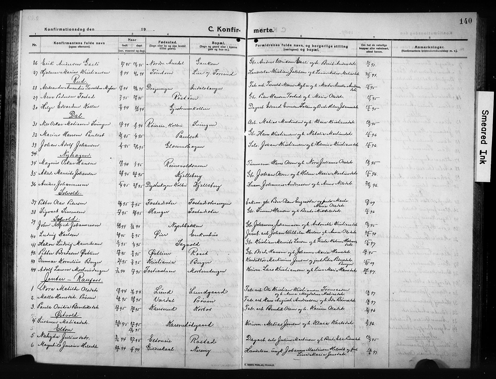 Vestre Toten prestekontor, AV/SAH-PREST-108/H/Ha/Hab/L0012: Parish register (copy) no. 12, 1909-1928, p. 140