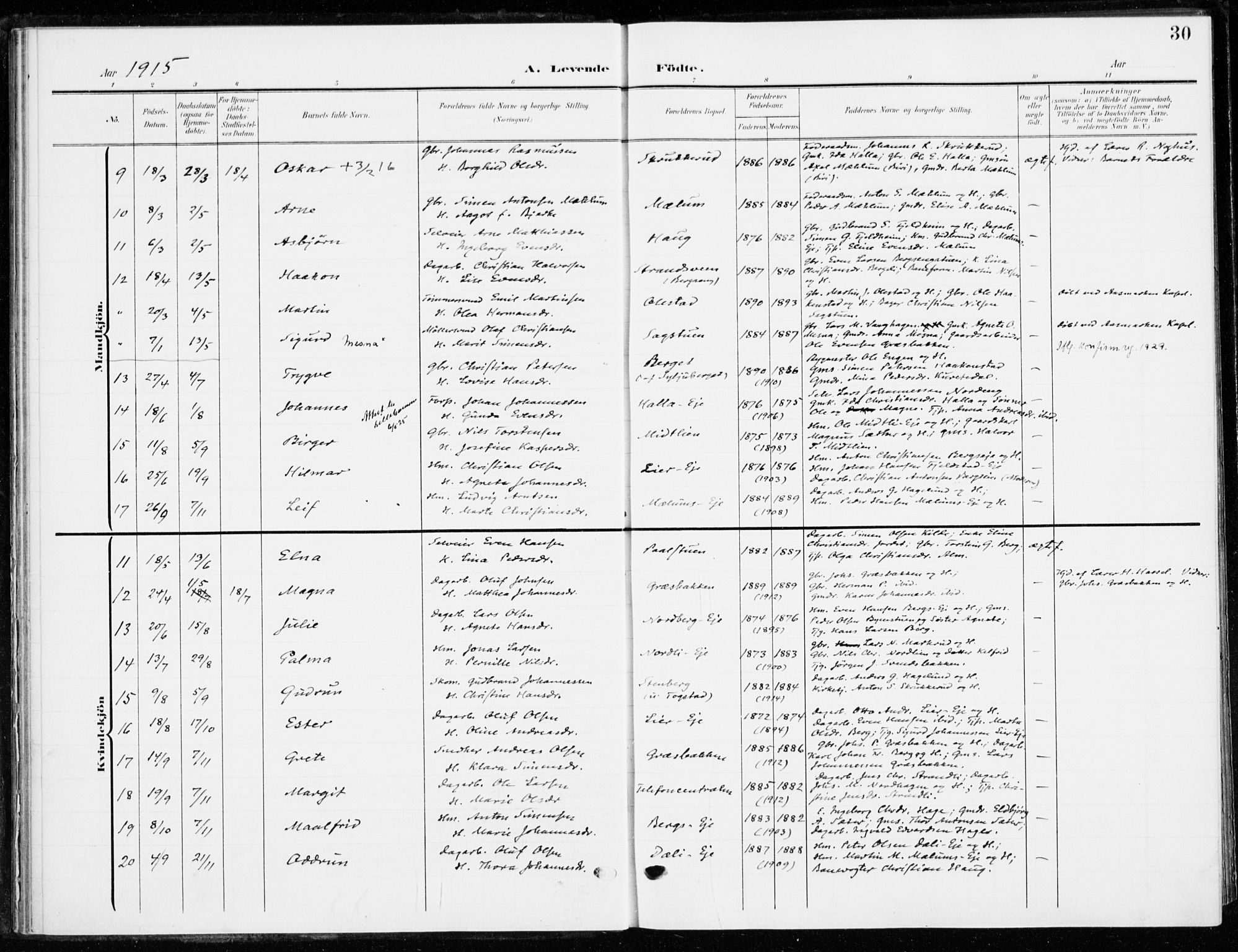 Ringsaker prestekontor, SAH/PREST-014/K/Ka/L0021: Parish register (official) no. 21, 1905-1920, p. 30