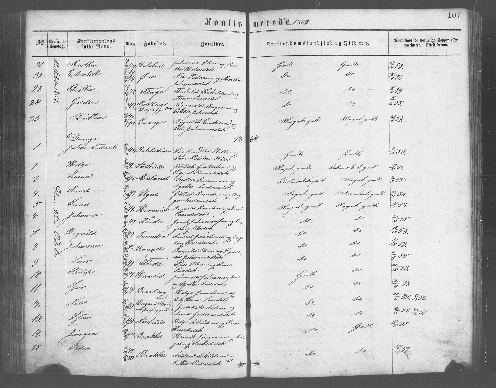 Evanger sokneprestembete, SAB/A-99924: Parish register (copy) no. A 2, 1863-1879, p. 107